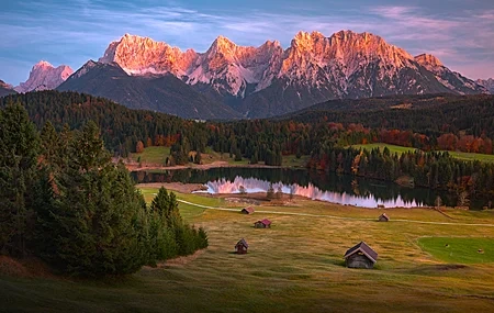 Free download Nature Landscape Sky Cloud Mountains Trees Grass Field Houses Hut Lake Snow Mountains Pines Autumn 4K Wallpaper, Wallpaper & 7wallpaper