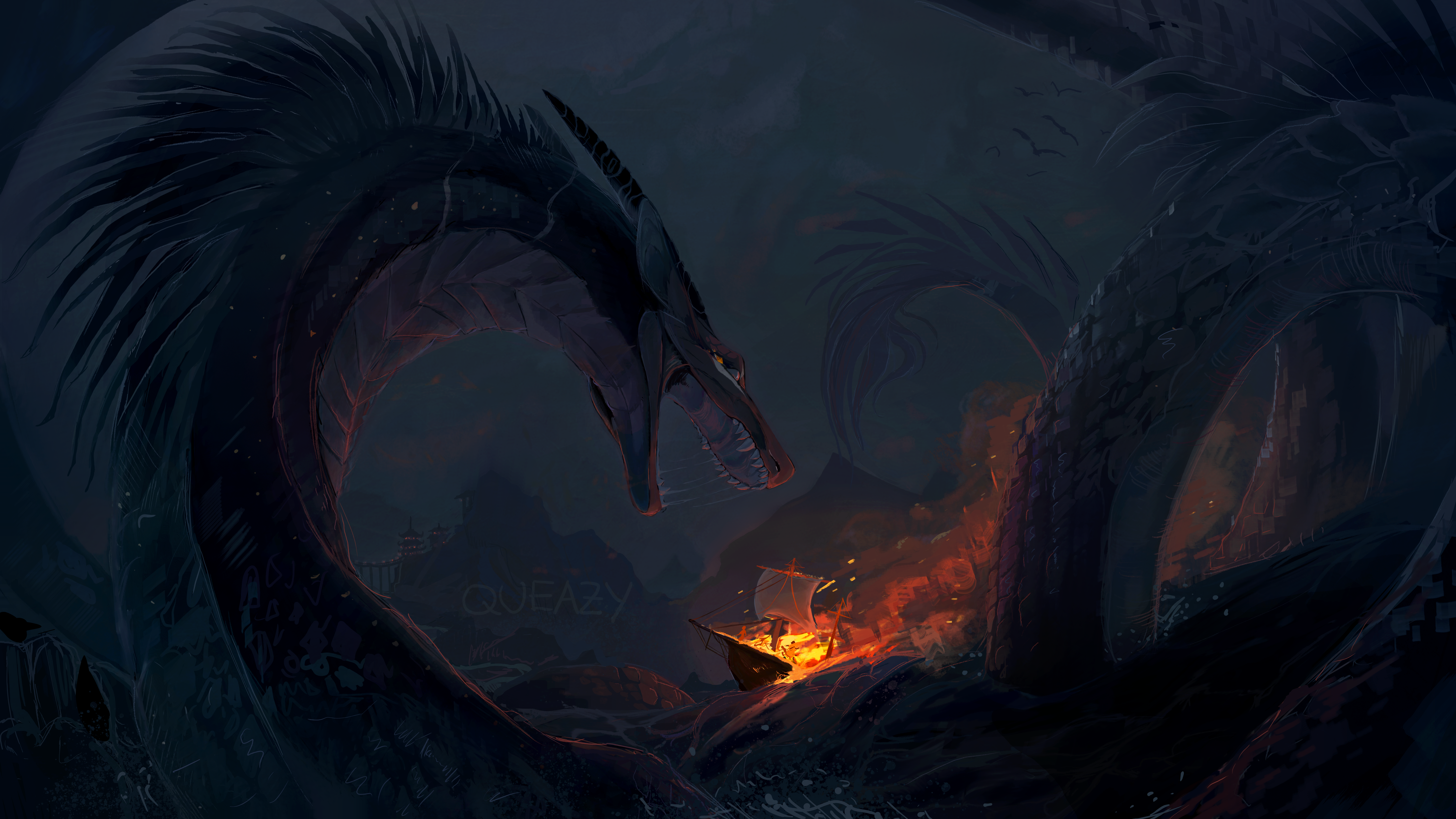 Free download Ship Sea Monster Fantasy Art Creature Fire Burning Dragon 4K Wallpaper, Wallpaper(s) website provided.