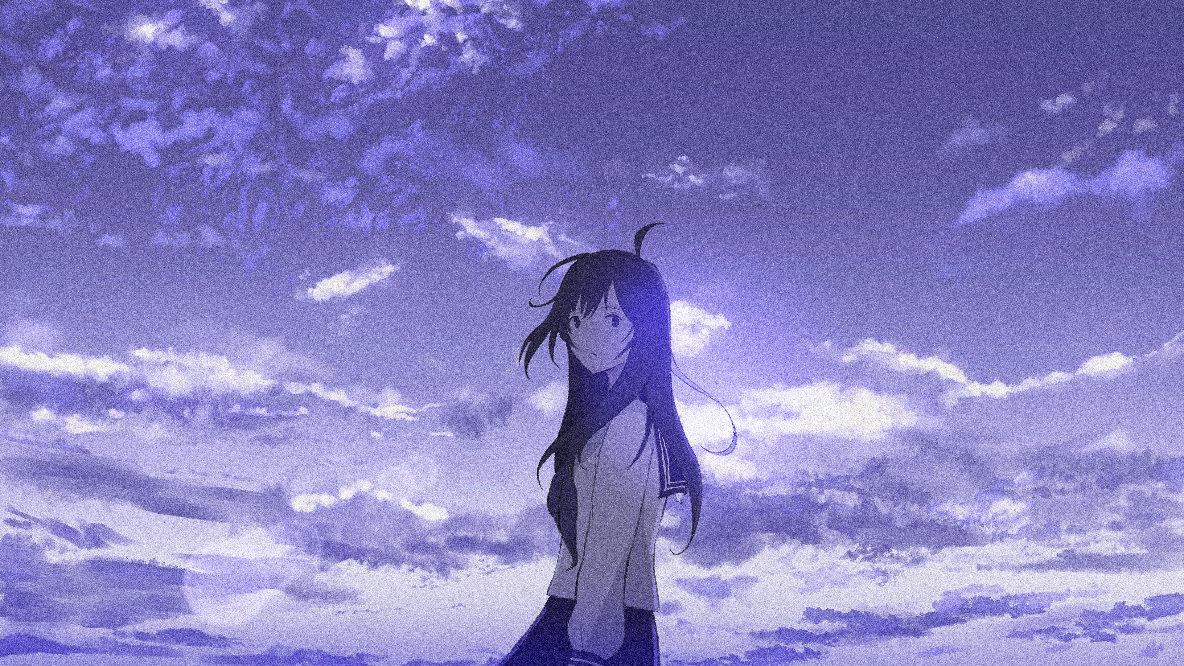 Free download Woman long hair outdoor illustration anime girl school uniform cloud purple brunette sky 4K wallpaper, Wallpaper(s) website provided.