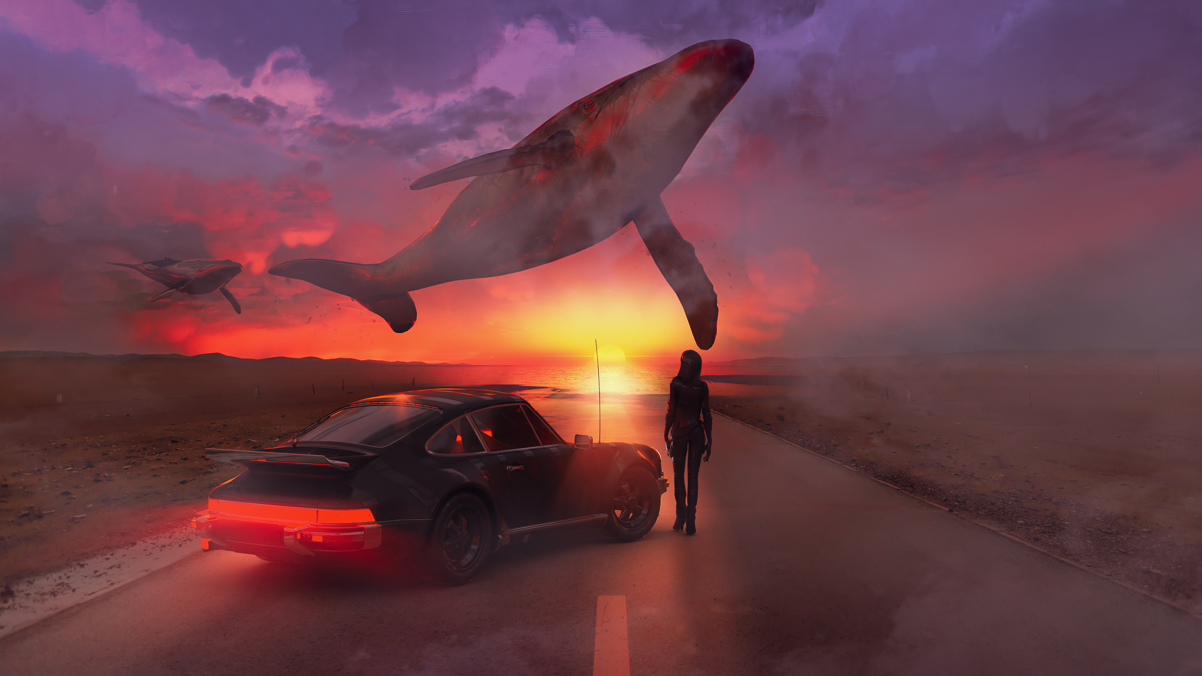 Free download Woman Shark Kart AI Art Landscape Car Sunset Whale Clouds Flying Whale Sports Car 4K Wallpaper, Wallpaper(s) website provided.