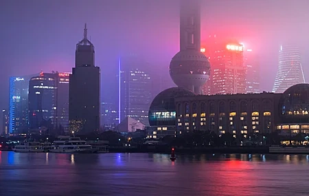 Free download landscape city architecture apartment boat ferry trees fog lights night skyline skyscraper city neon lights 4K wallpaper, Wallpaper & 7wallpaper