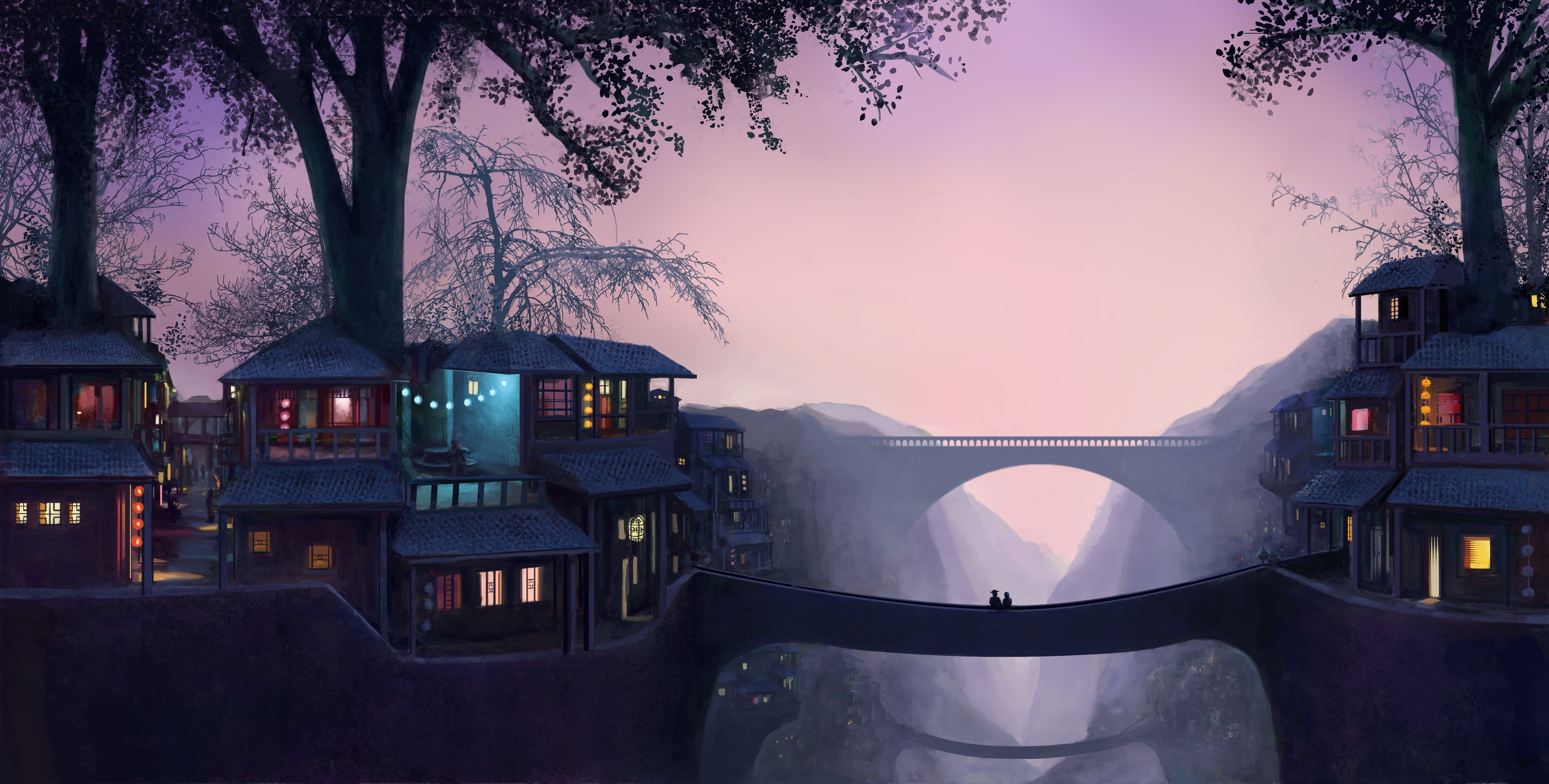 Free download Couple Fantasy Art Painting Architecture Bridge Houses Trees Lights AI Art Night 4K Wallpaper, Wallpaper(s) website provided.