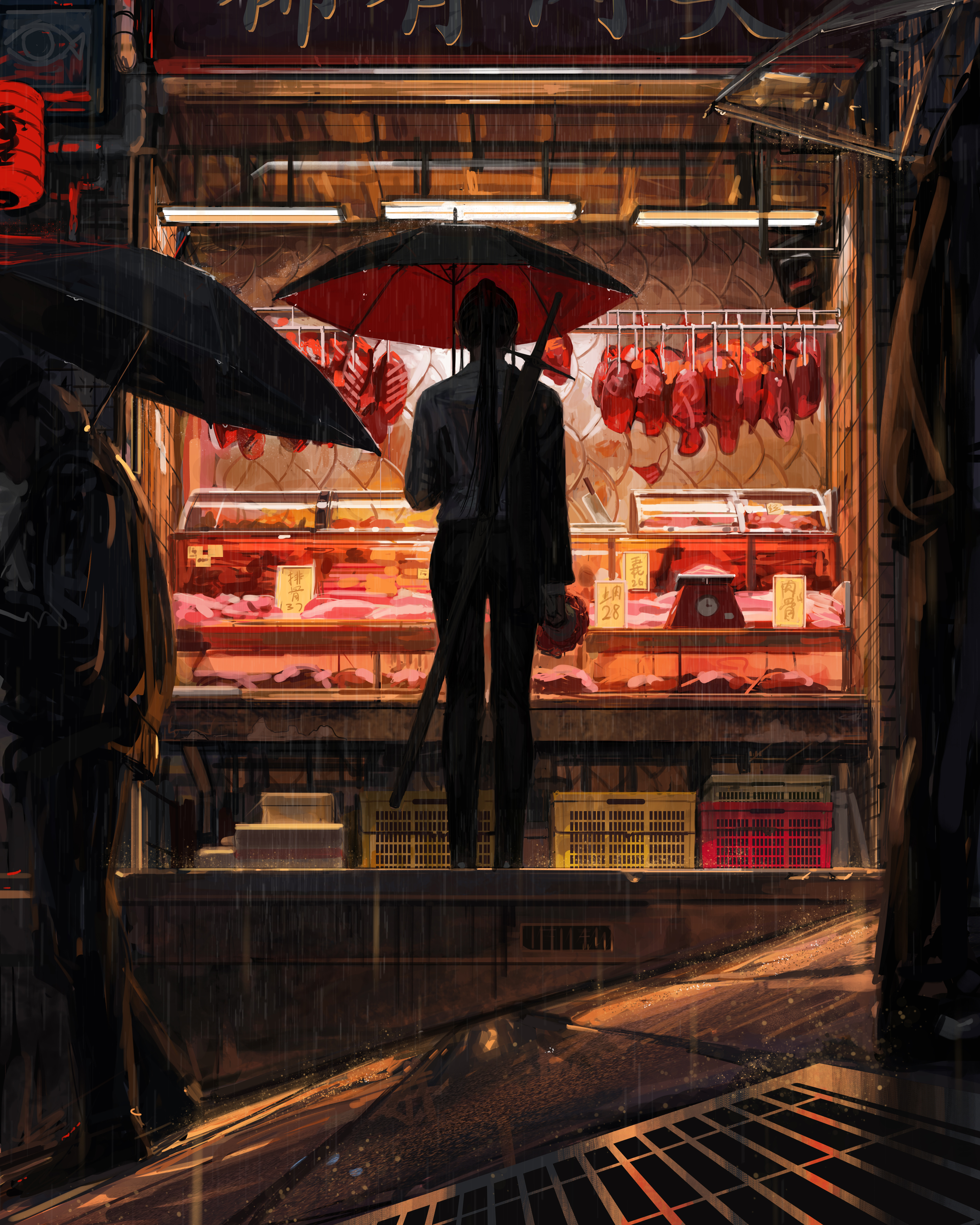 Free download Brunette Original Character Fantasy Girl Butcher Rain Umbrella Painting Market Sword Fantasy Art AI Art Mobile Wallpaper 4K Wallpaper, Wallpaper(s) website provided.