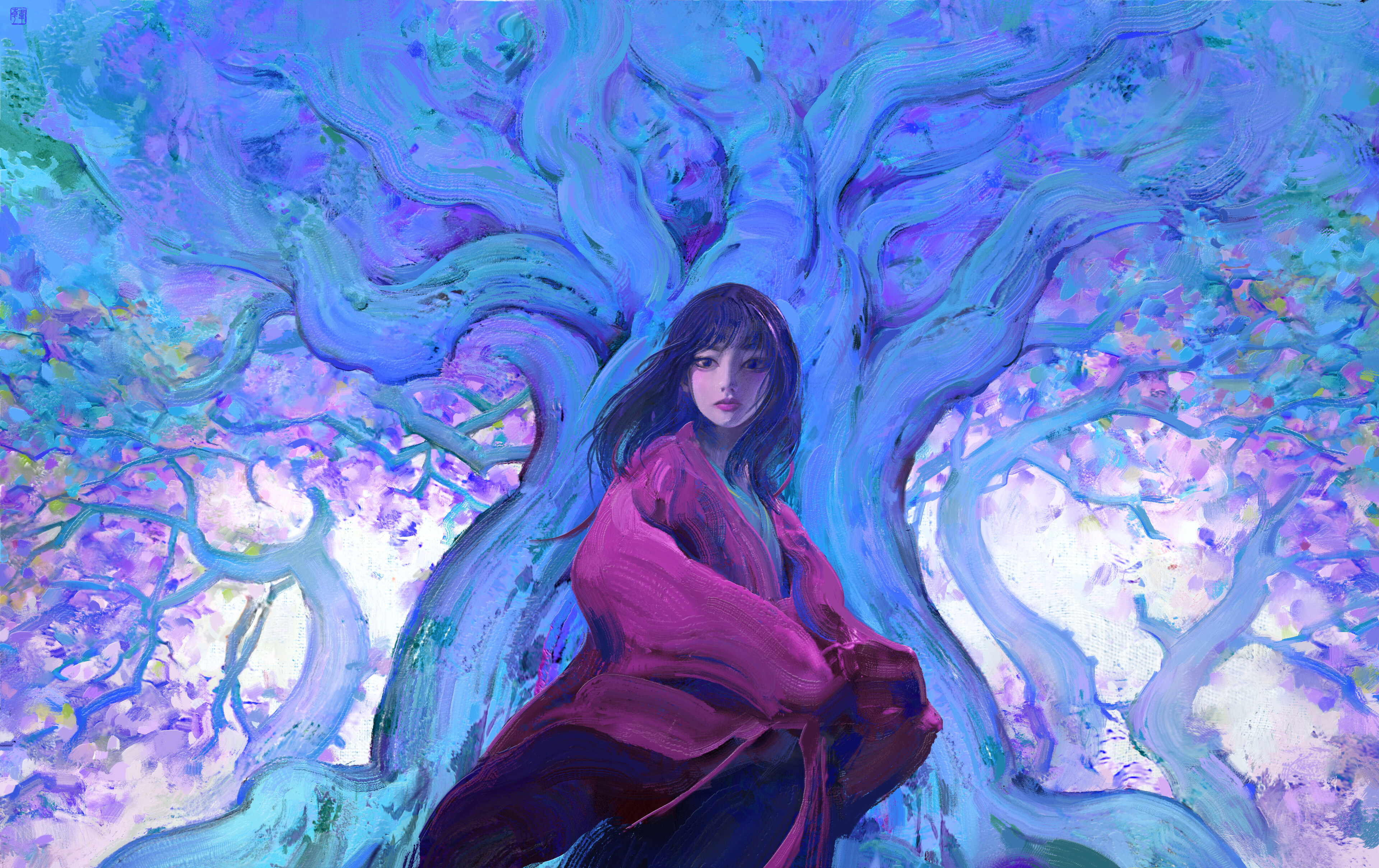 Free download Woman brunette digital art illustration painting blue forest trees 4K wallpaper, Wallpaper(s) website provided.