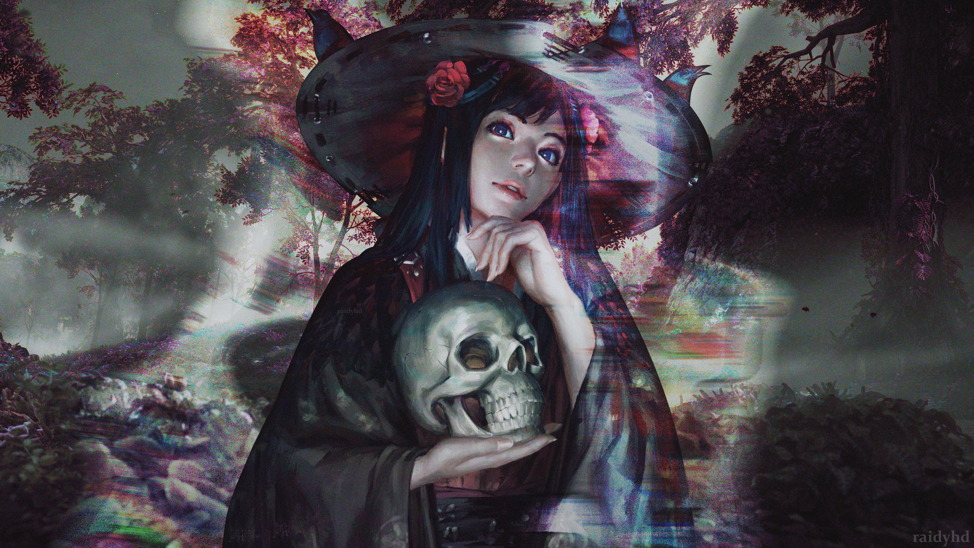 Free download Long hair anime girl skeleton hat 4K wallpaper, Wallpaper(s) website provided.