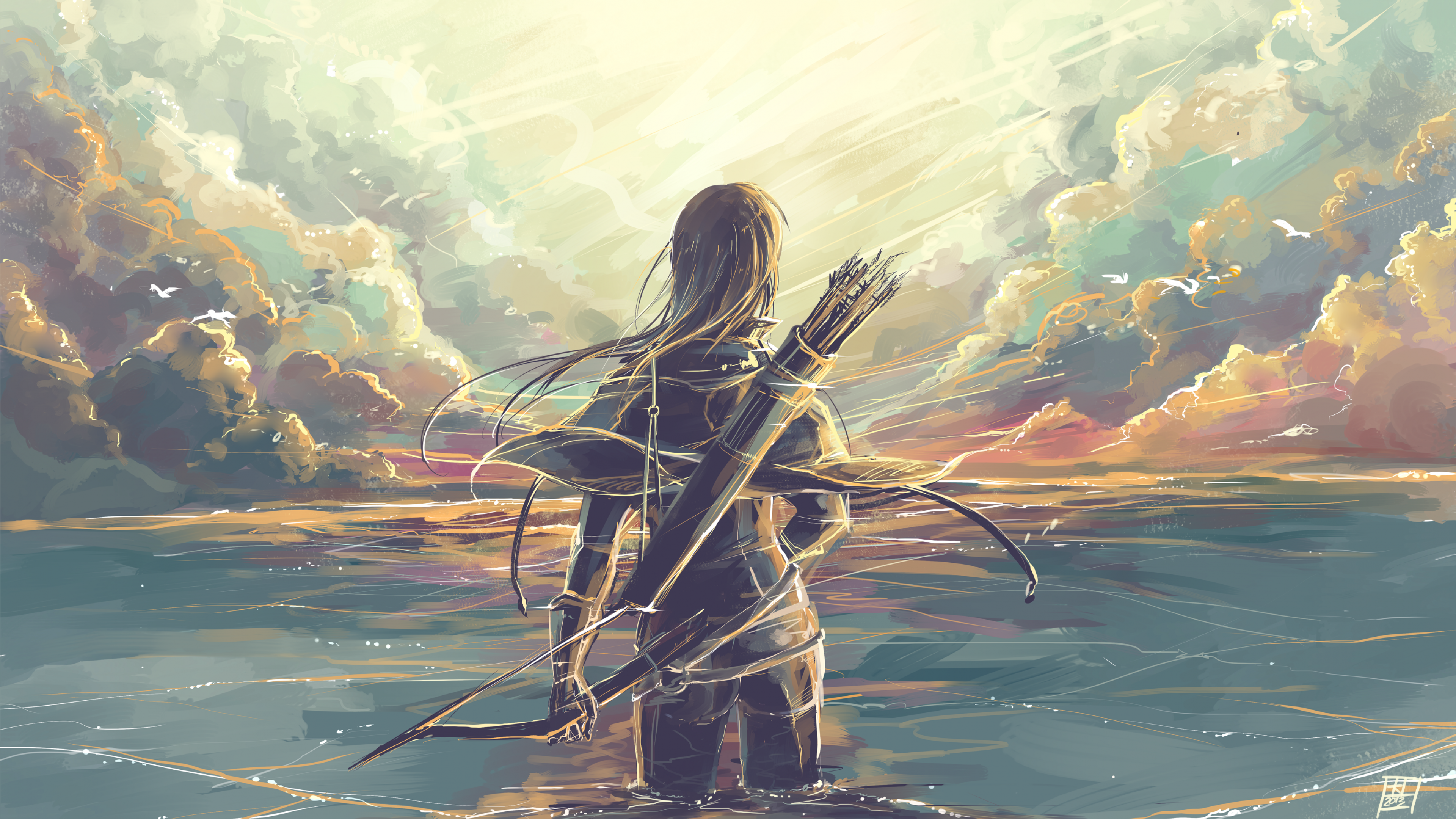 Free download Artworks Looking into the distance AI art bow arrow TV series bow arrow water sky cloud fantasy art 4K wallpaper, Wallpaper(s) website provided.