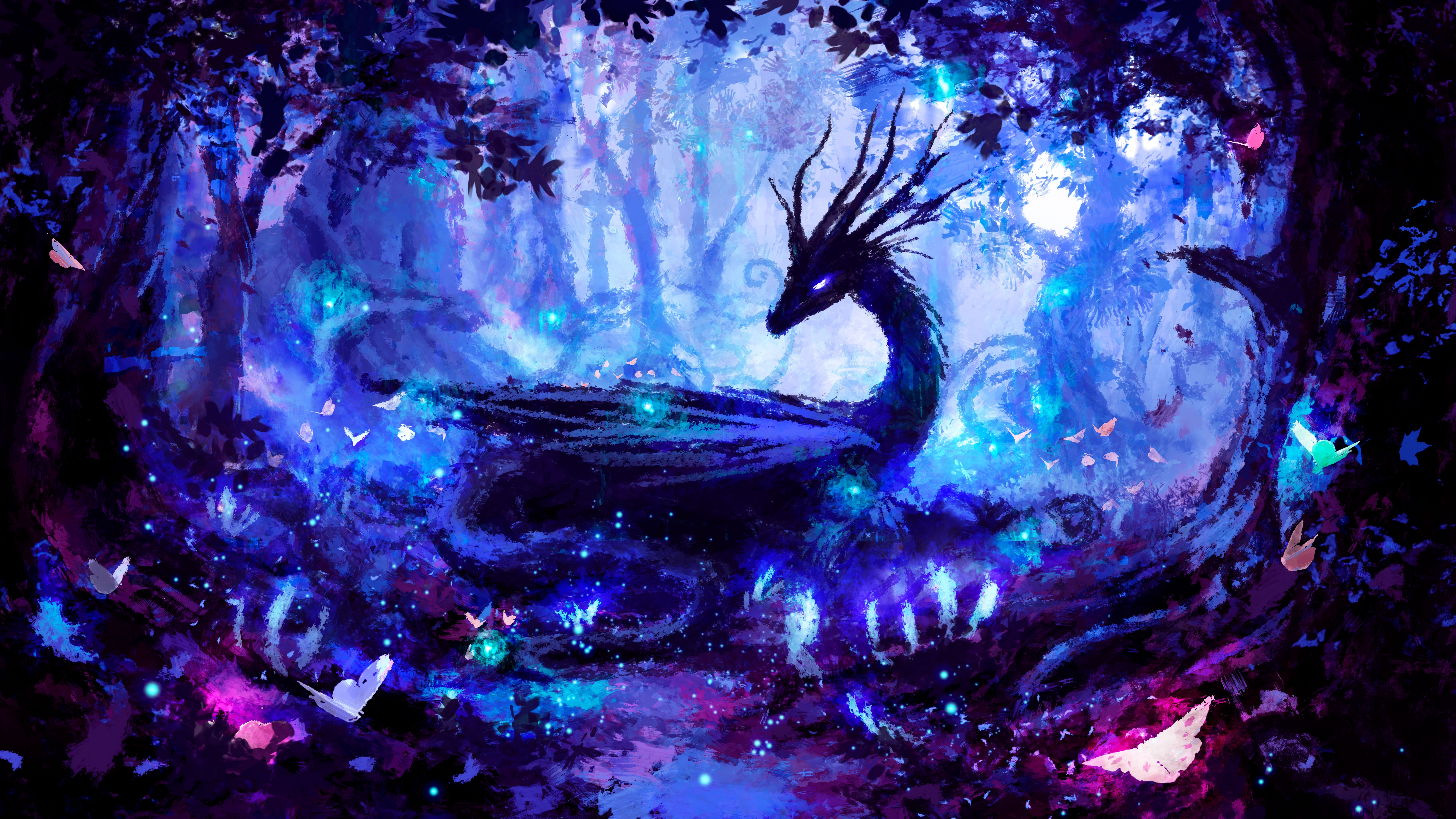 Free download AI art color picture light dragon forest night magic tree horn pink blue night creature butterfly mist fireflies watercolor 8K wallpaper, Wallpaper(s) website provided.