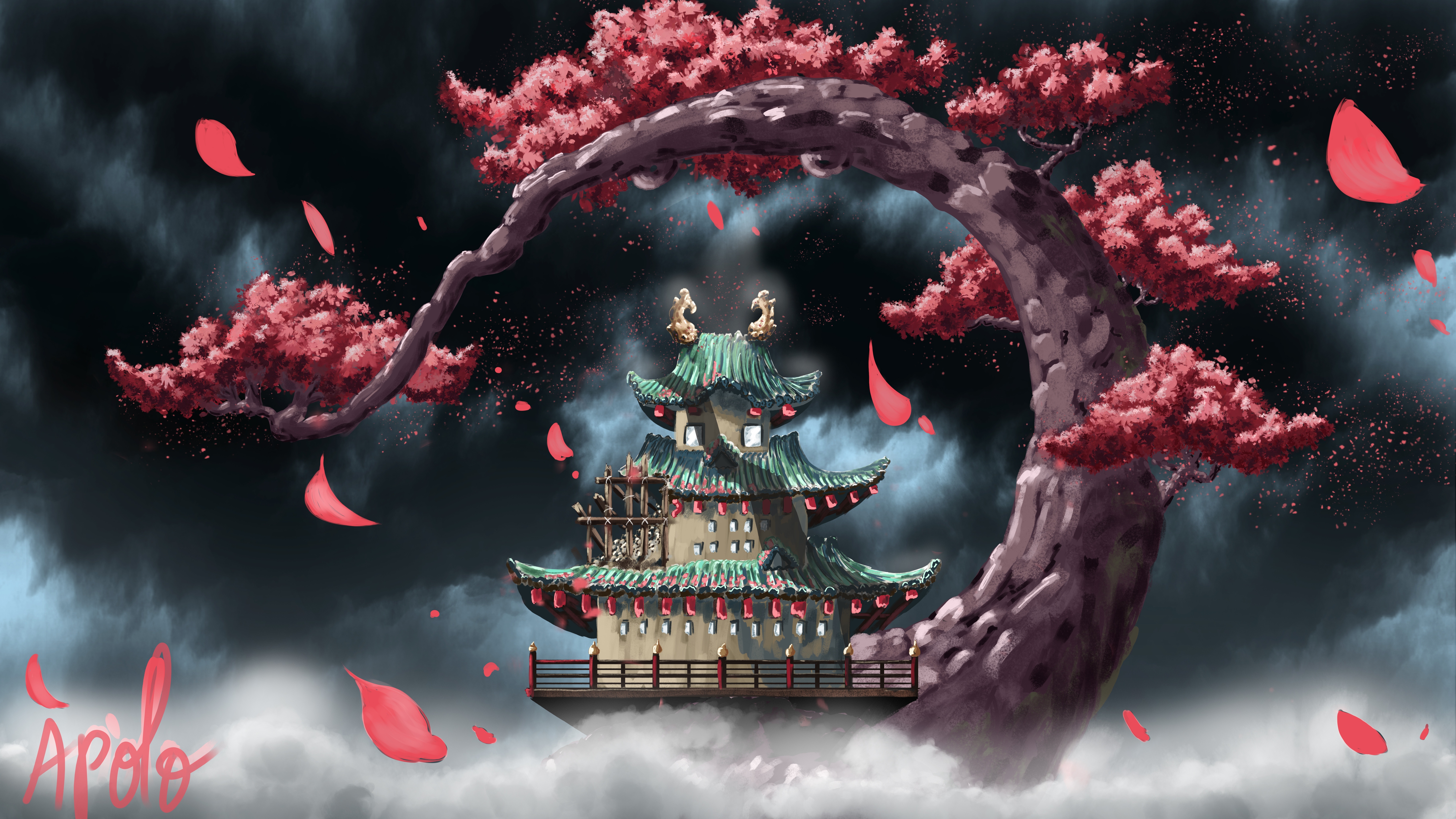 Free download AI Art Sketch Temple Trees Wind Petals 8K Wallpaper, Wallpaper(s) website provided.
