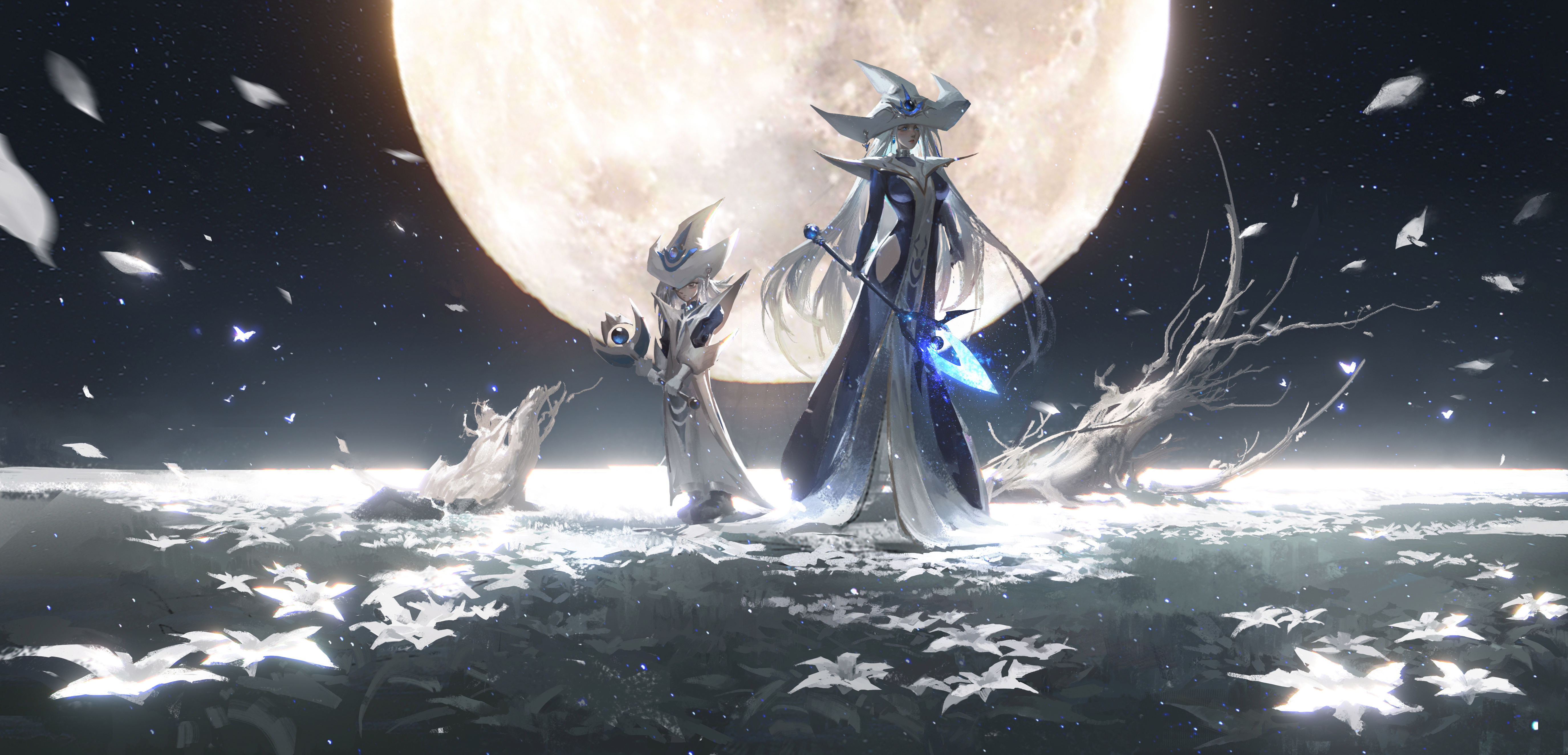 Free download Magician Anime Girl Moon Petals Flowers AI Art 4K Wallpaper, Wallpaper(s) website provided.