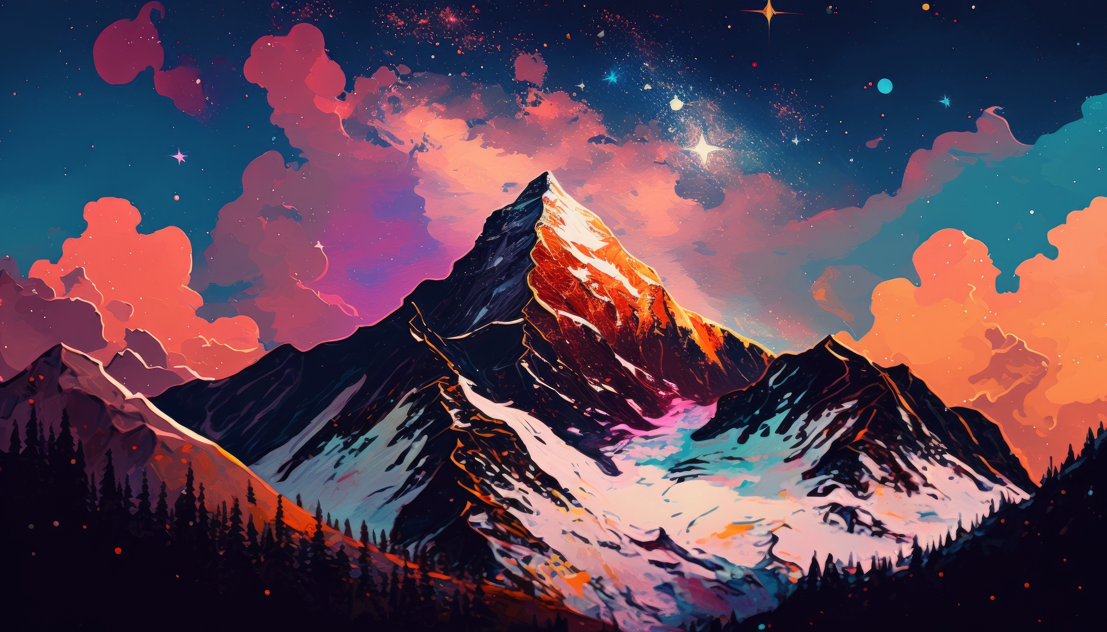Free download Art Mountain Snow Painting Nature Stars Sky Clouds 4K Wallpaper, Wallpaper(s) website provided.