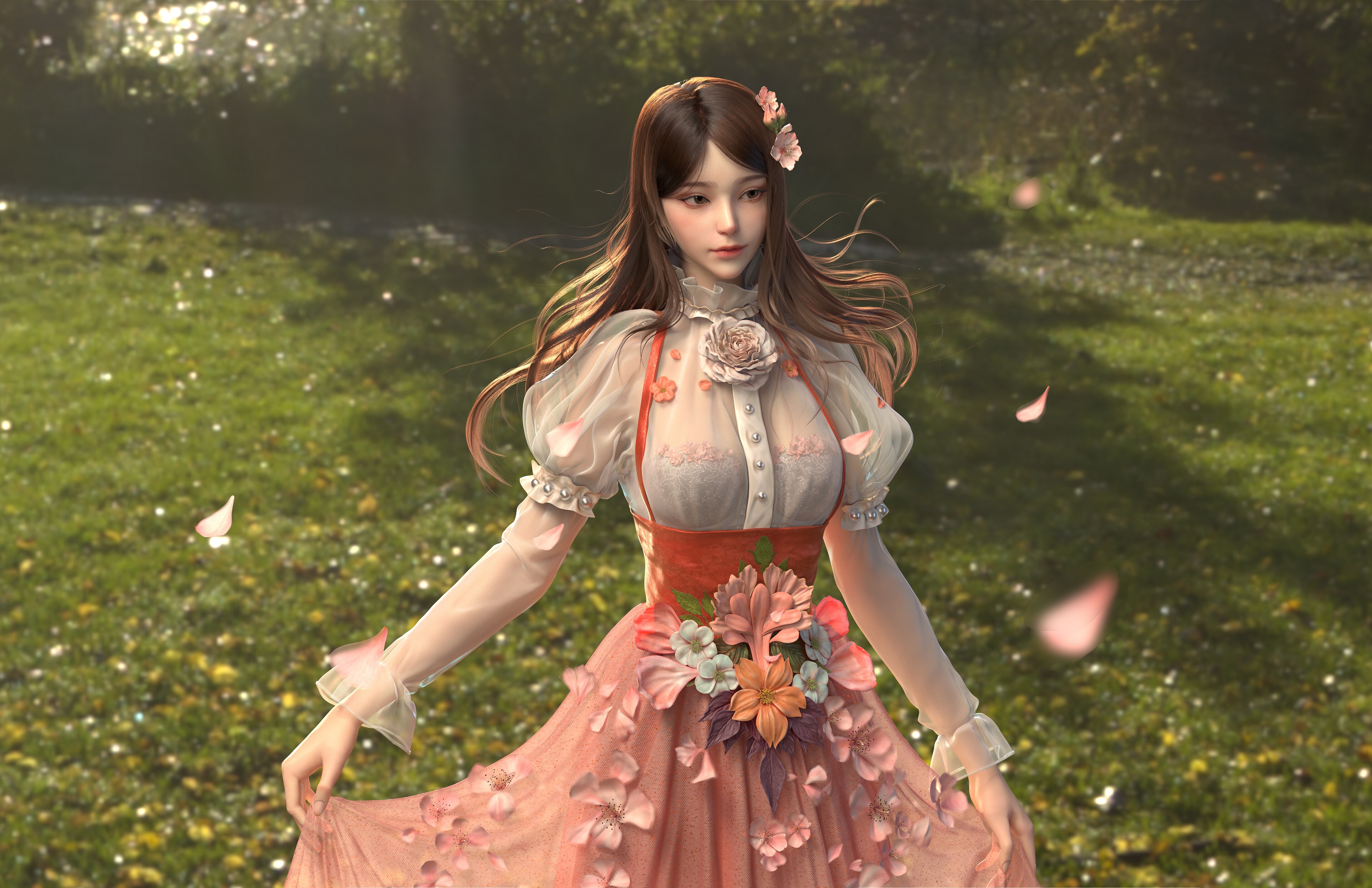 Free download Fantasy Girl Female Digital Art Flowers Sakura Dress 4K Wallpaper, Wallpaper(s) website provided.