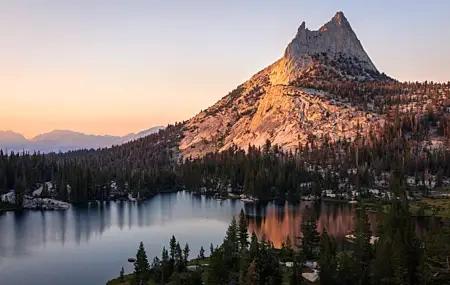 Free download forest landscape nature mountains lake national park sunset pine cliff sky water afterglow sunlight trees 4K wallpaper, Wallpaper(s) website provided.