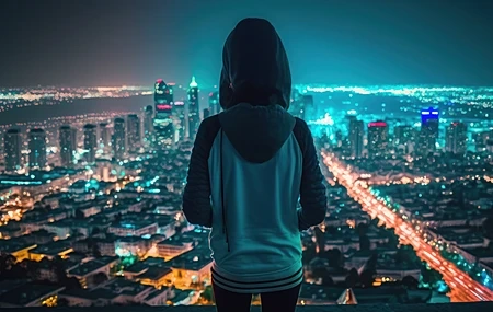 Free download Female Art City Skyline Night City Lights Cyan Cityscape Hood 4K Wallpaper, Wallpaper & 7wallpaper