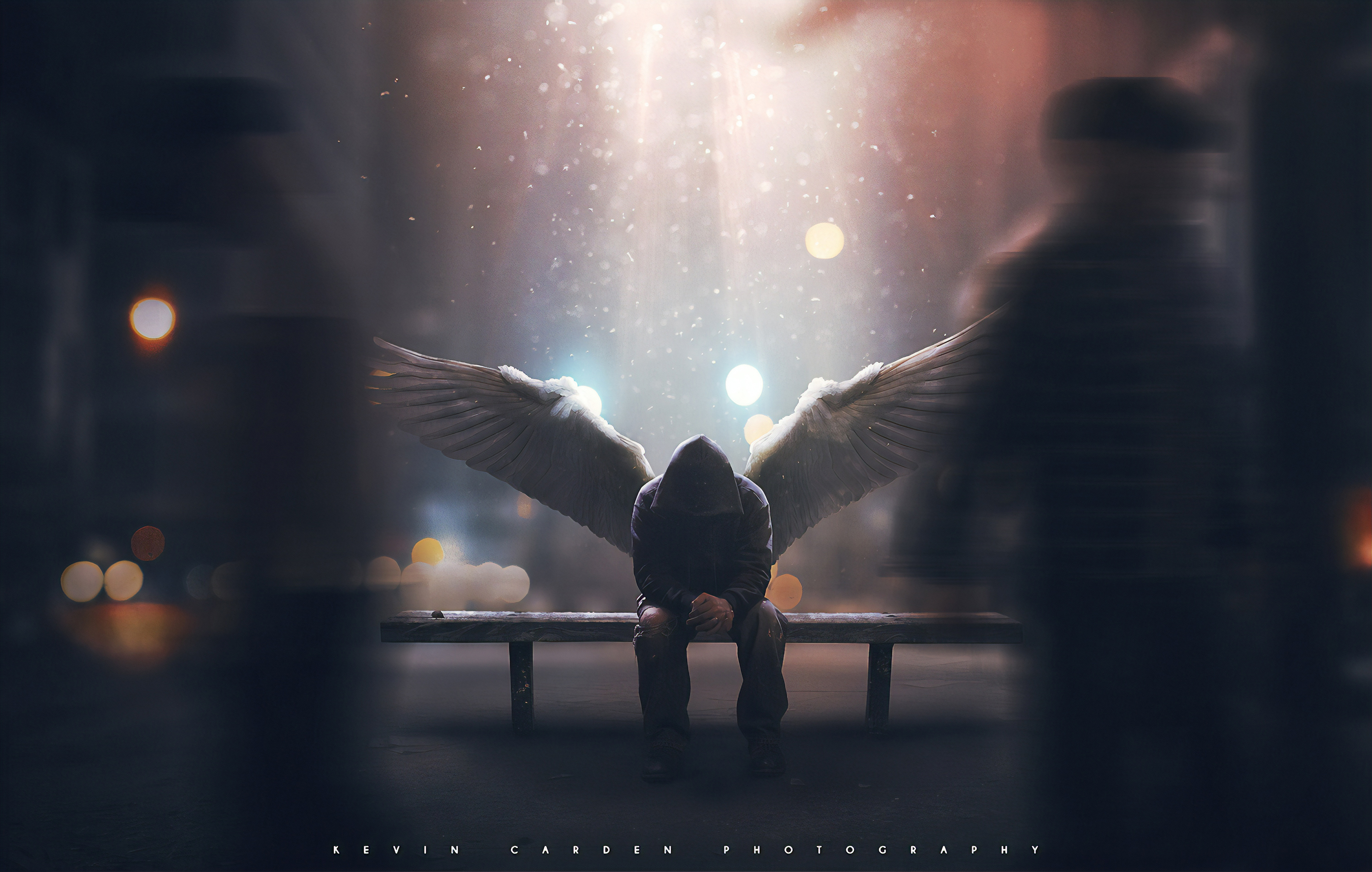 Free download Characters Lonely AI Art Fantasy Art Photography Photos Lights City Lonely Angel Wings Sadness Surreal Concept Man Hood 4K Wallpaper, Wallpaper(s) website provided.