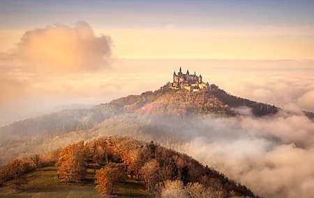 Free download Nature Autumn Landscape Castle Orange Sky Sunshine Trees 4K Wallpaper, Wallpaper & 7wallpaper