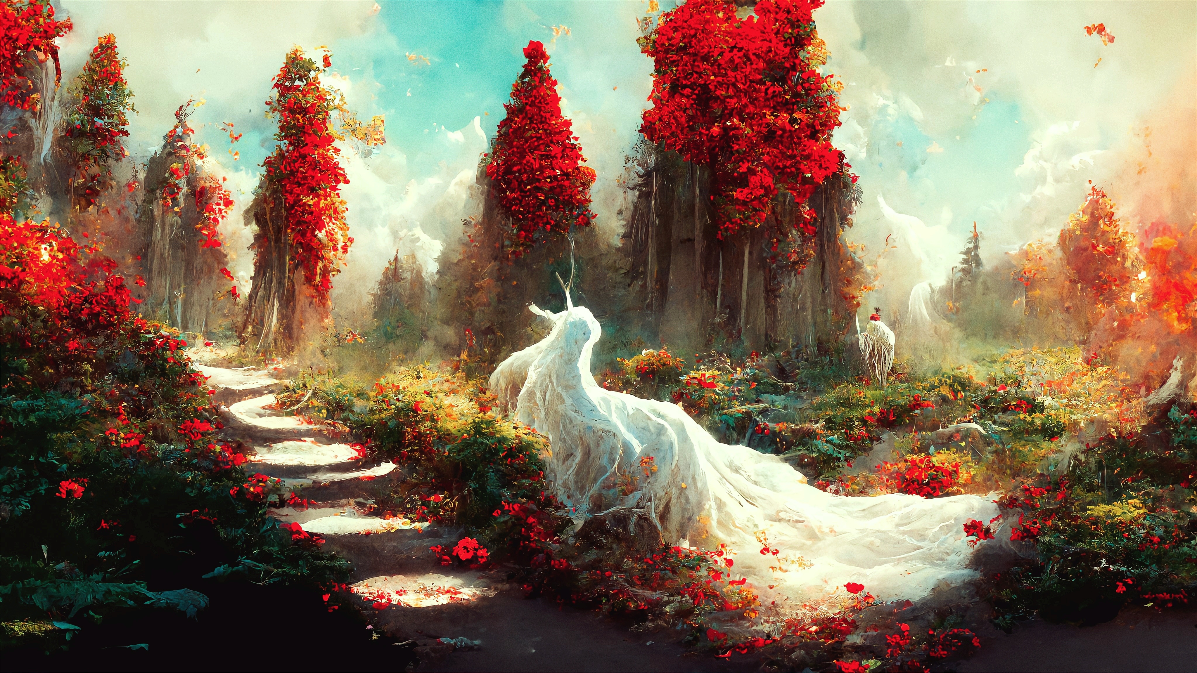 Free download Tree Unicorn Tree Landscape Red Background Red Flower Flower Plant AI Art Art 4K Wallpaper, Wallpaper(s) website provided.
