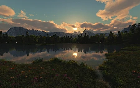 Free download Landscape Nature Lake Clouds Sun Reflection Tree Mountain Grass AI Art 4K Wallpaper, Wallpaper & 7wallpaper