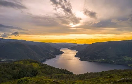 Free download Nature Landscape Clouds Sky Water River Mountains Trees Vision Boat Village Golden Hour Sunrise 4K Wallpaper, Wallpaper & 7wallpaper