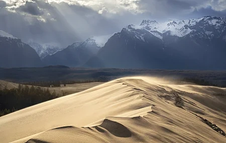 Free download Mountains dunes cloudy clouds snow peaks windy desert sand sunshine 8K wallpaper, Wallpaper & 7wallpaper