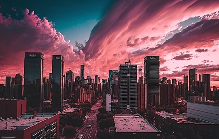 Free download Art City Sunset Skyline Sunset Glow Skyscrapers Architecture AI Art 4K Wallpaper, Wallpaper & 7wallpaper