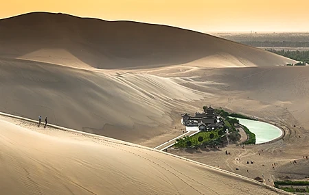 Free download Nature Landscape Desert Sand Dunes Lake China Sky Building Trees Crescent Lake Houses Dunhuang Computer Wallpaper 4K Wallpaper, Wallpaper & 7wallpaper