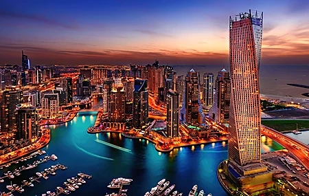 Free download city landscape sunshine sunset landscape photography architecture water skyscrapers bird's eye view dubai ocean port computer wallpaper 4K wallpaper, Wallpaper & 7wallpaper