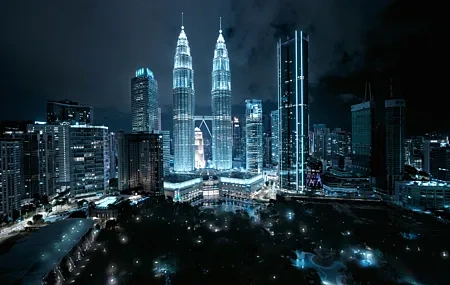 Free download Night neon street lights dark city twin tower blue building night view computer wallpaper 4K wallpaper, Wallpaper & 7wallpaper