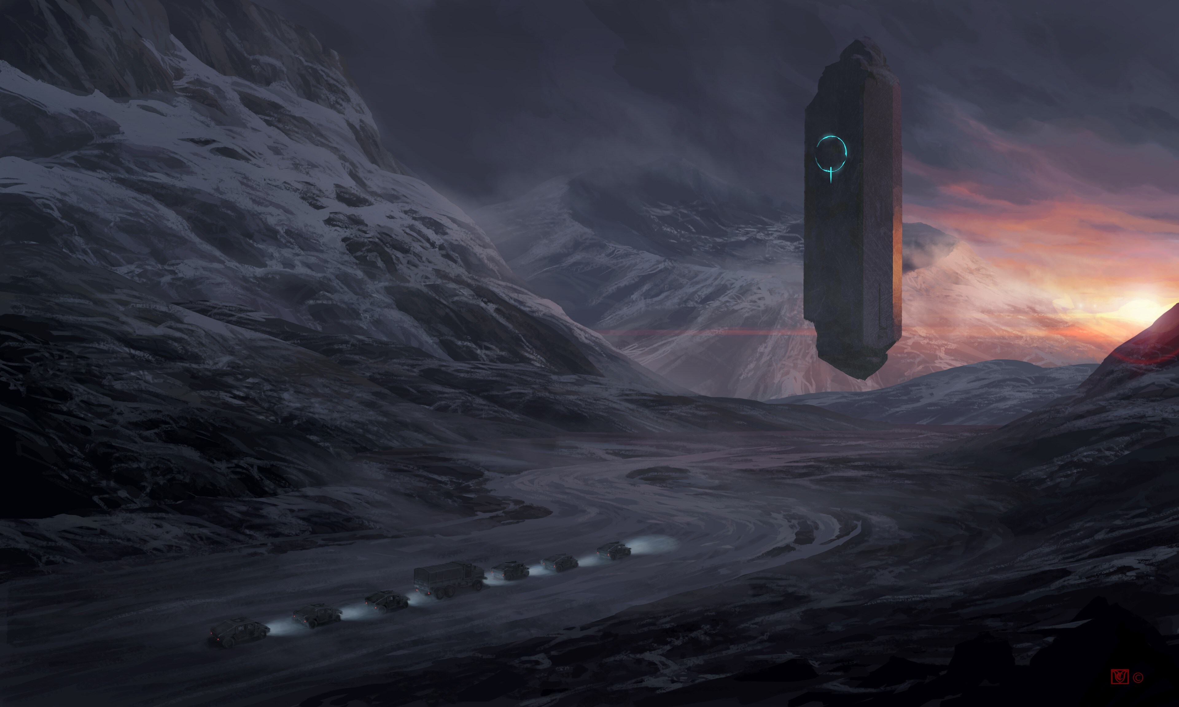 Free download Science fiction AI Art UFO Military Vehicle Military Arctic Dawn Mystery Concept Art 4K Wallpaper, Wallpaper(s) website provided.