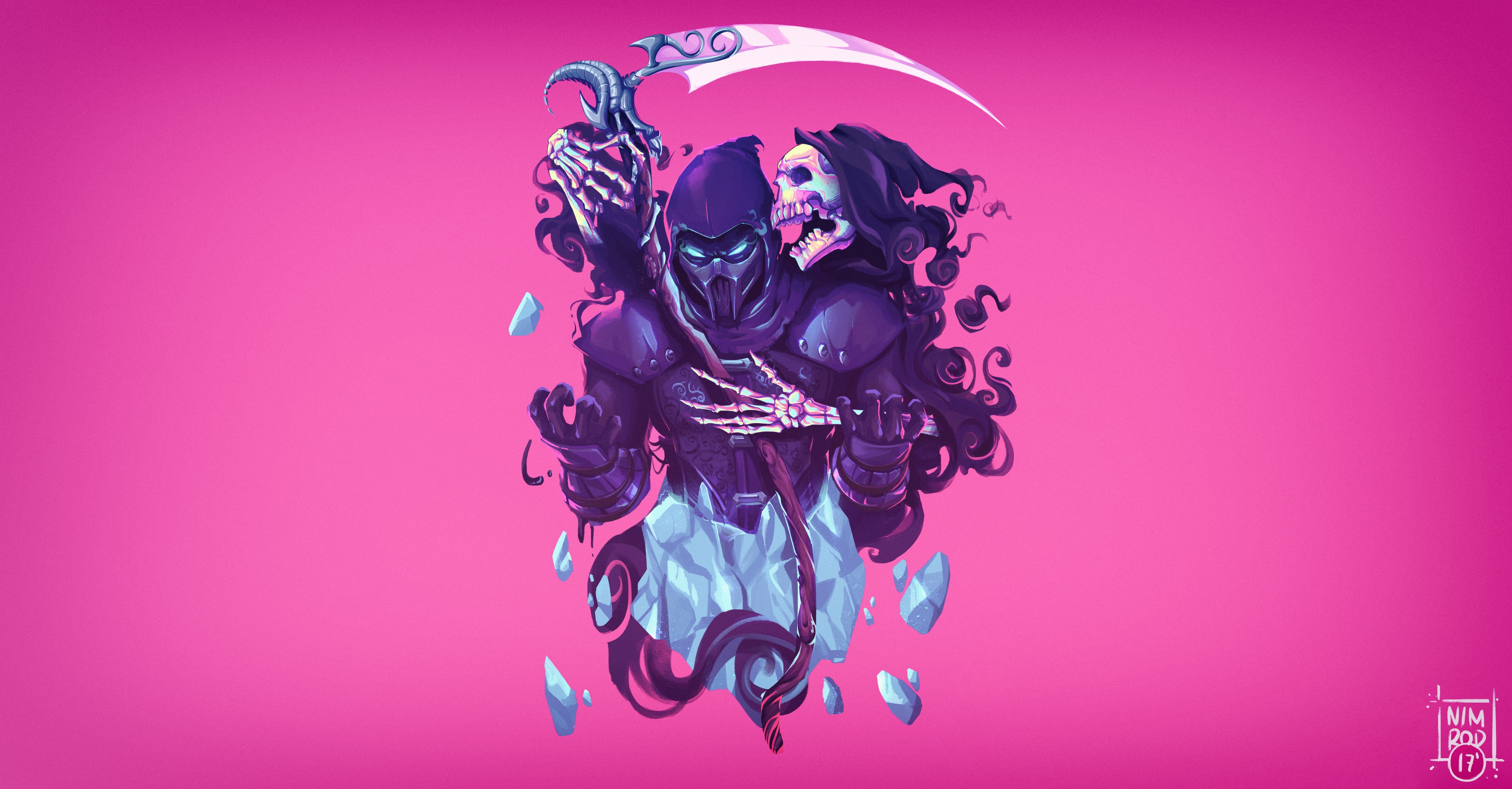 Free download Death Game CG Character Deadly Skeleton Pink Pink Background Warrior Scythe Gradient 4K Wallpaper, Wallpaper(s) website provided.