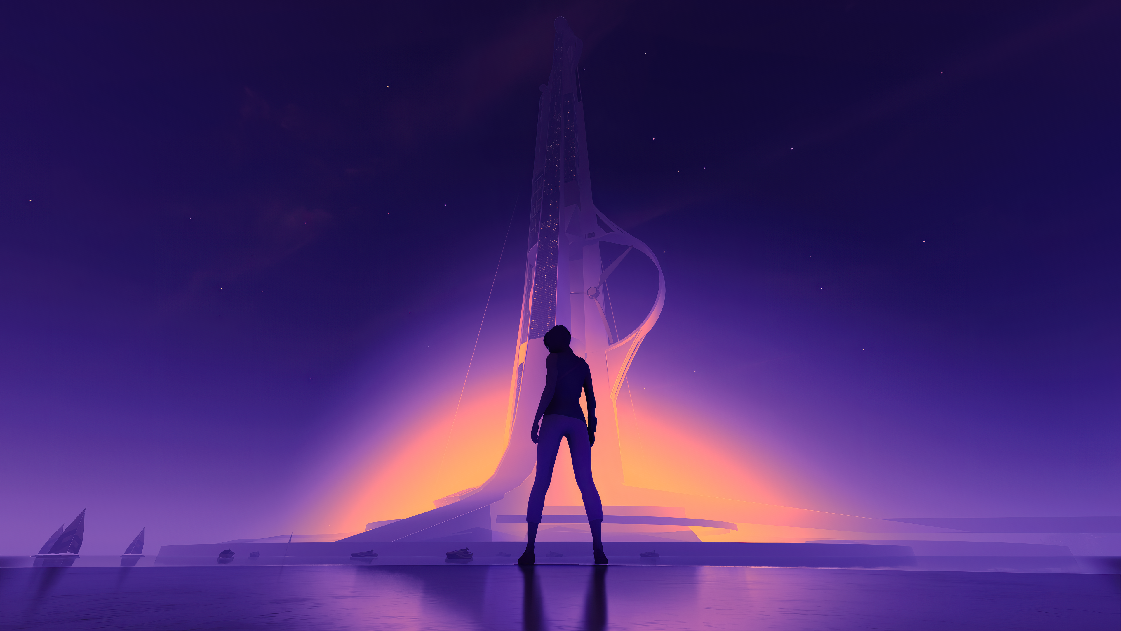 Free download Female Video Game Blue Video Game Art Minimalism Skyscraper Edge Star Artwork 4K Wallpaper, Wallpaper(s) website provided.