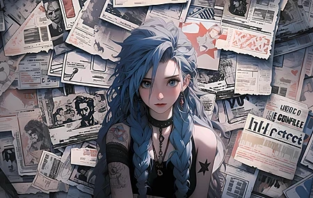 Free download Jinx Blue Double Ponytail Newspaper Wall Jinx Computer Wallpaper 4k Ultra-Definition 4K Wallpaper, Wallpaper(s) website provided.