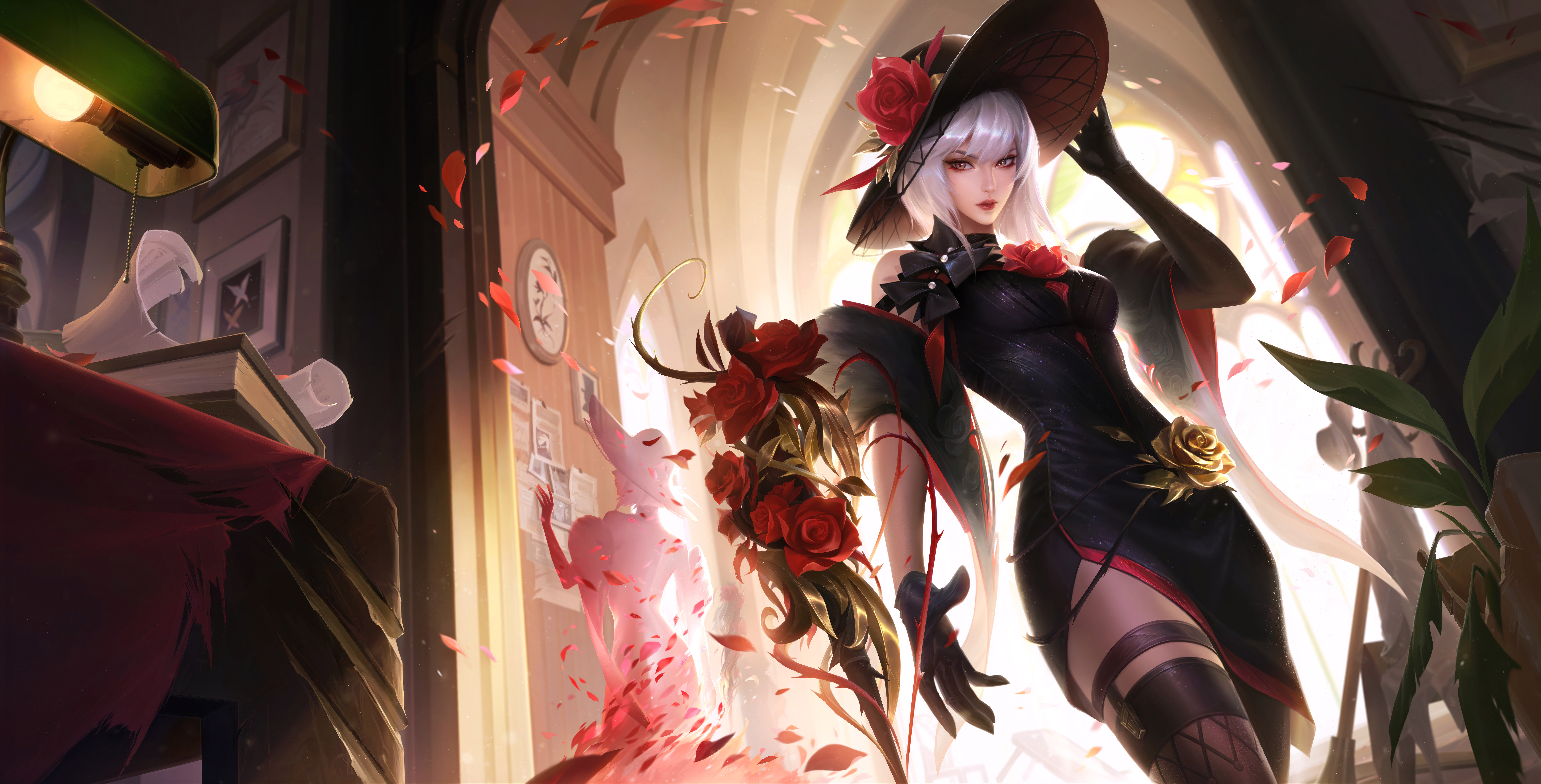 Free download Game CG Characters King of Glory Knife Stockings Black Skirt Flowers Dress Game Hat Flowers Gloves Petals Girl Leaves Rose 8K Wallpaper, Wallpaper(s) website provided.
