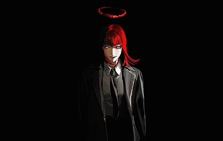 Free download Female Red Hair Black Background Chainsaw Man Yellow Eyes Halo Suit Tie 4K Wallpaper, Wallpaper(s) website provided.