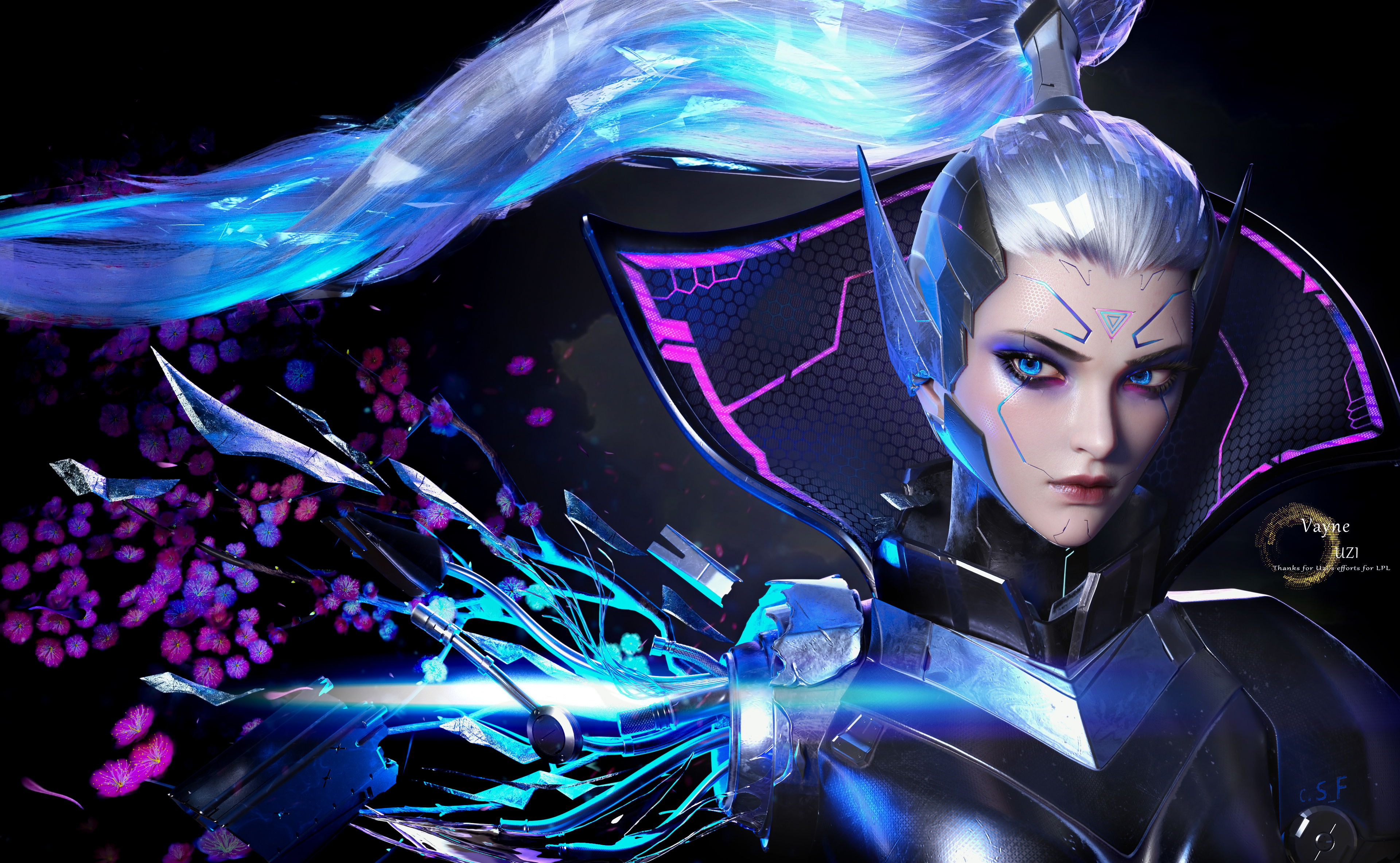 Free download Woman Ponytail Blue Eyes League of Legends Cyborg Portrait Glowing Eyes Petals Pink Blue 4K Wallpaper, Wallpaper(s) website provided.