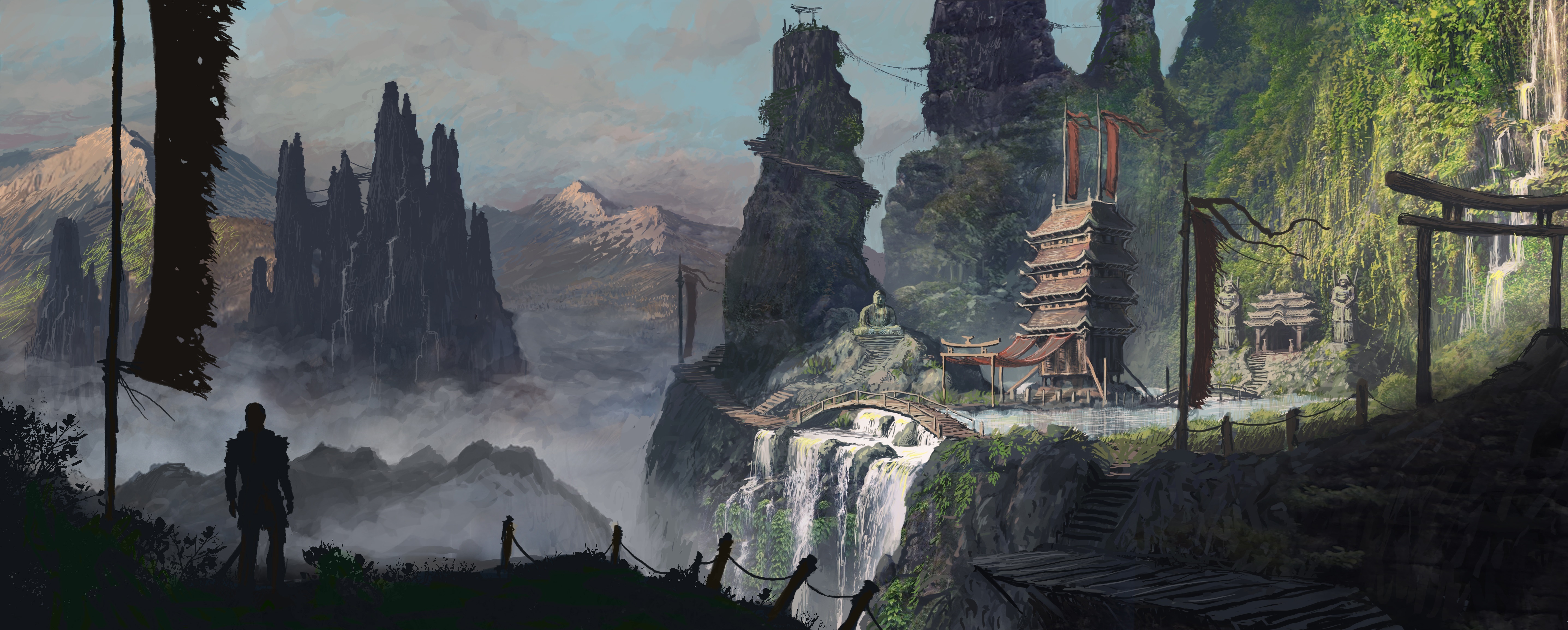 Free download Warrior Warrior AI Art Landscape Temple Mountains Fantasy Art Environment Statue 4K Wallpaper, Wallpaper(s) website provided.