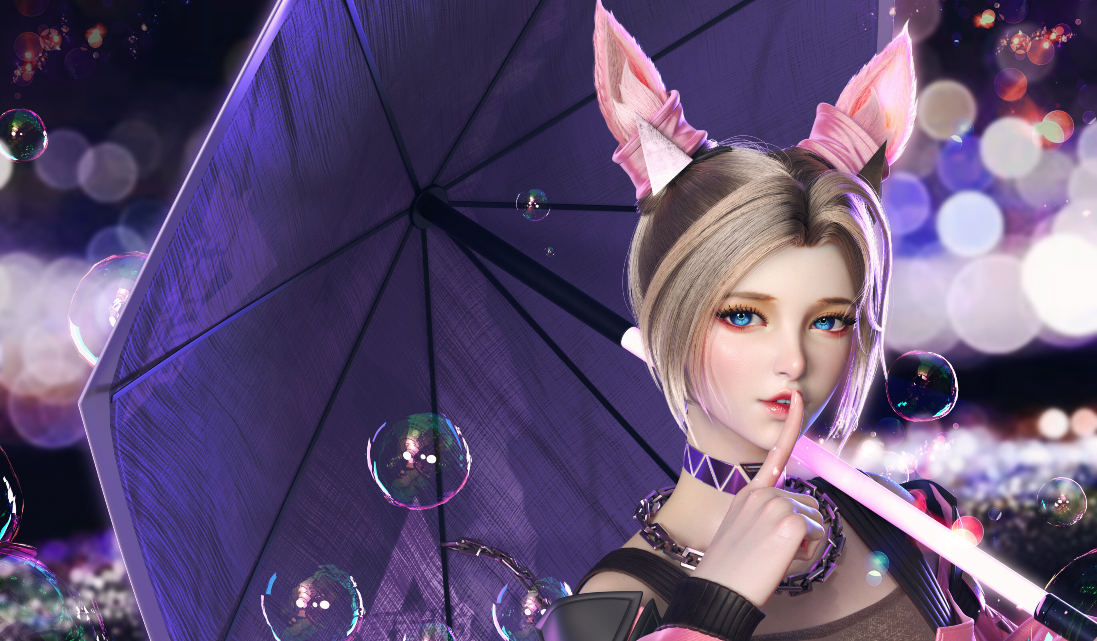 Free download Woman Blonde Short Hair Blue Eyes Hair Accessories Pink Umbrella Portrait Bubble Necklace 4K Wallpaper, Wallpaper(s) website provided.