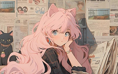 Free download Maid Beast Ear Girl Child Stand Newspaper Wall Pink Hair Long Hair Curly Hair 4K Wallpaper, Wallpaper(s) website provided.