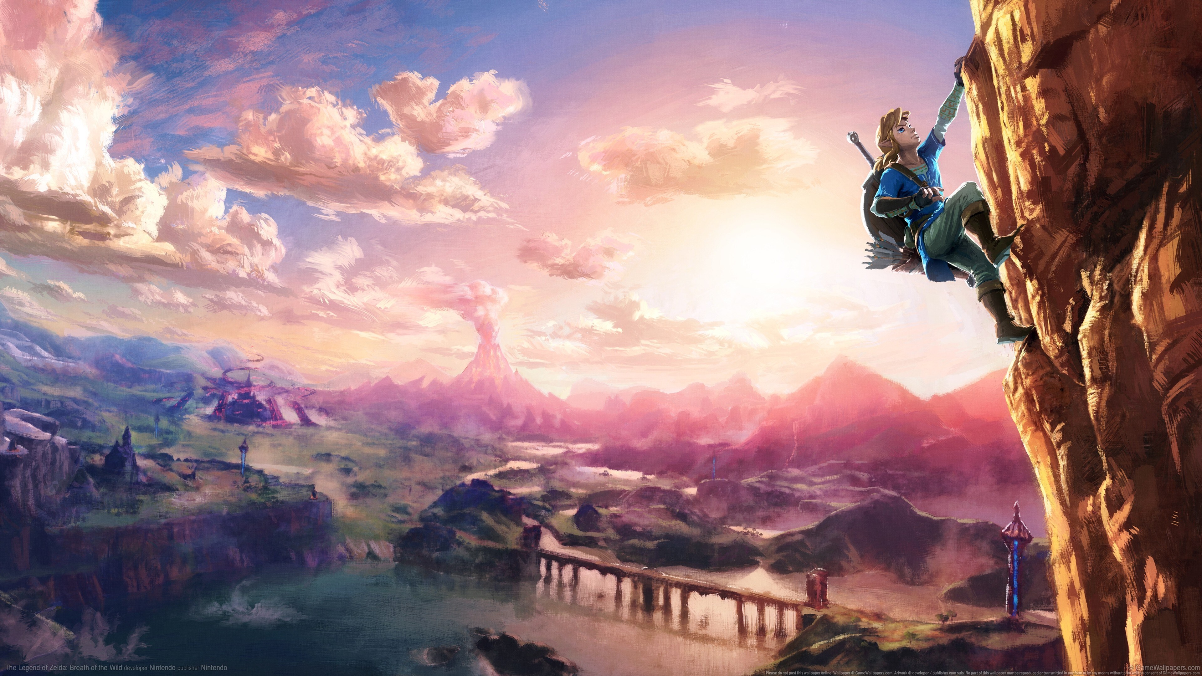 Free download Game CG Characters Legend of Zelda Nintendo Rock Climbing Highlands Breath of Wild Watermark Hero Landscape 4K Wallpaper, Wallpaper(s) website provided.