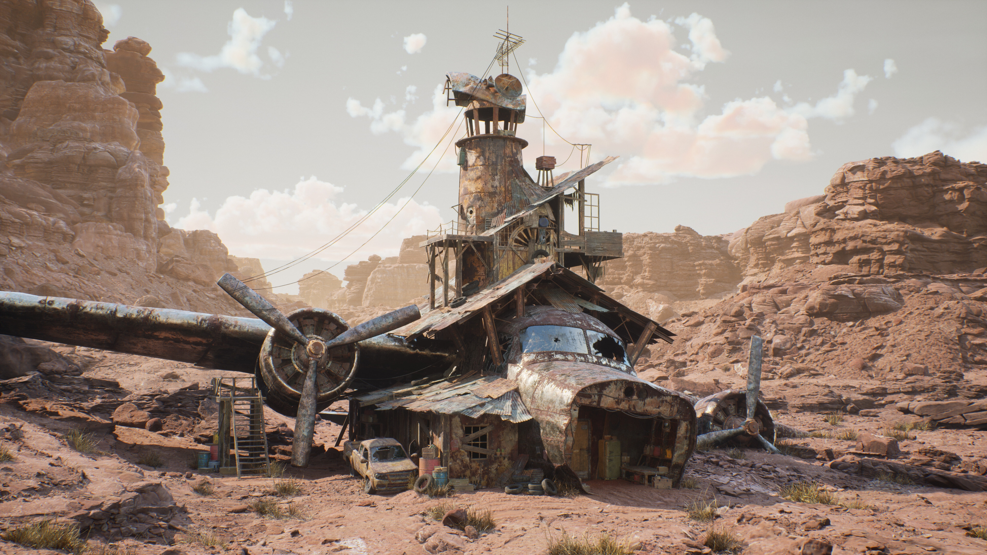 Free download AI Art Illustration Concept Art Airplane Shipwreck Apocalypse Propeller Tower Unreal Engine Game CG Art Reality Desert Truck Art State Vehicle 4K Wallpaper, Wallpaper(s) website provided.
