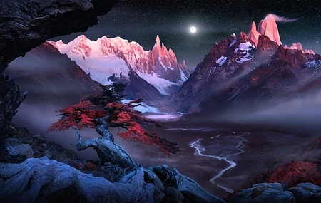 Free download Scenery Nature Mountains Trees Night Moon River Fog Snow Night Starry Night Moonlight Full Moon Stars Snow Mountain Computer Wallpaper 4K Wallpaper, Wallpaper(s) website provided.