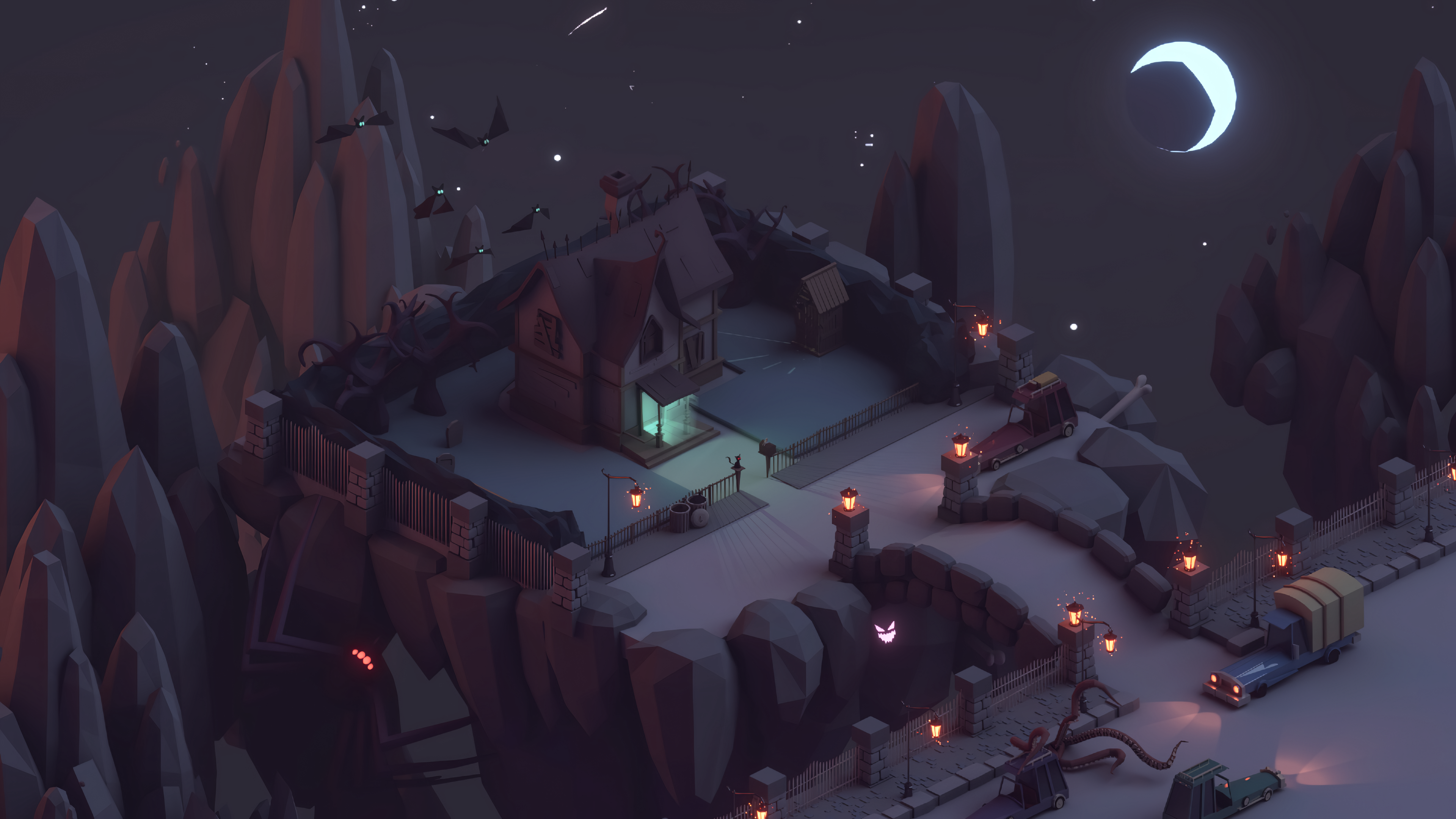 Free download AI Art Fantasy Art House Ghost Crescent Moon Bat Night Car Tentacle Polygon Spider Cat Light Halloween Glowing Eyes Moon 4K Wallpaper, Wallpaper(s) website provided.