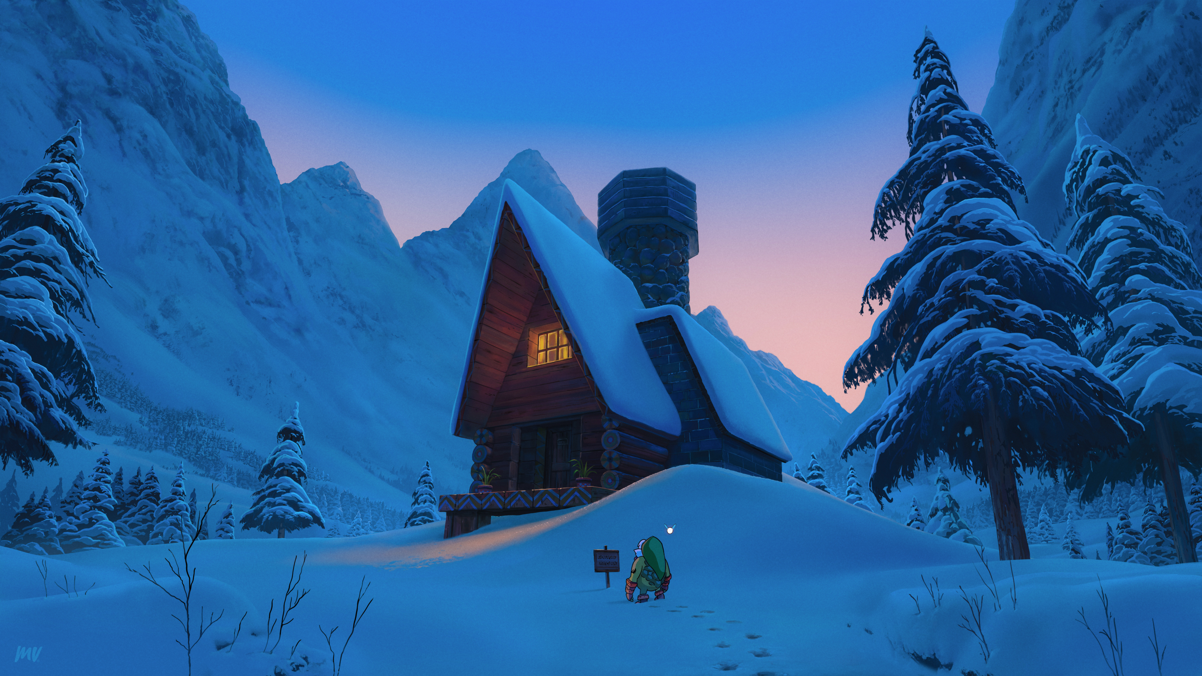 Free download AI Art Illustration Landscape House Snow Tree Zelda Legend Mask Game CG Art Mountain Sky Sunrise Winter 4K Wallpaper, Wallpaper(s) website provided.