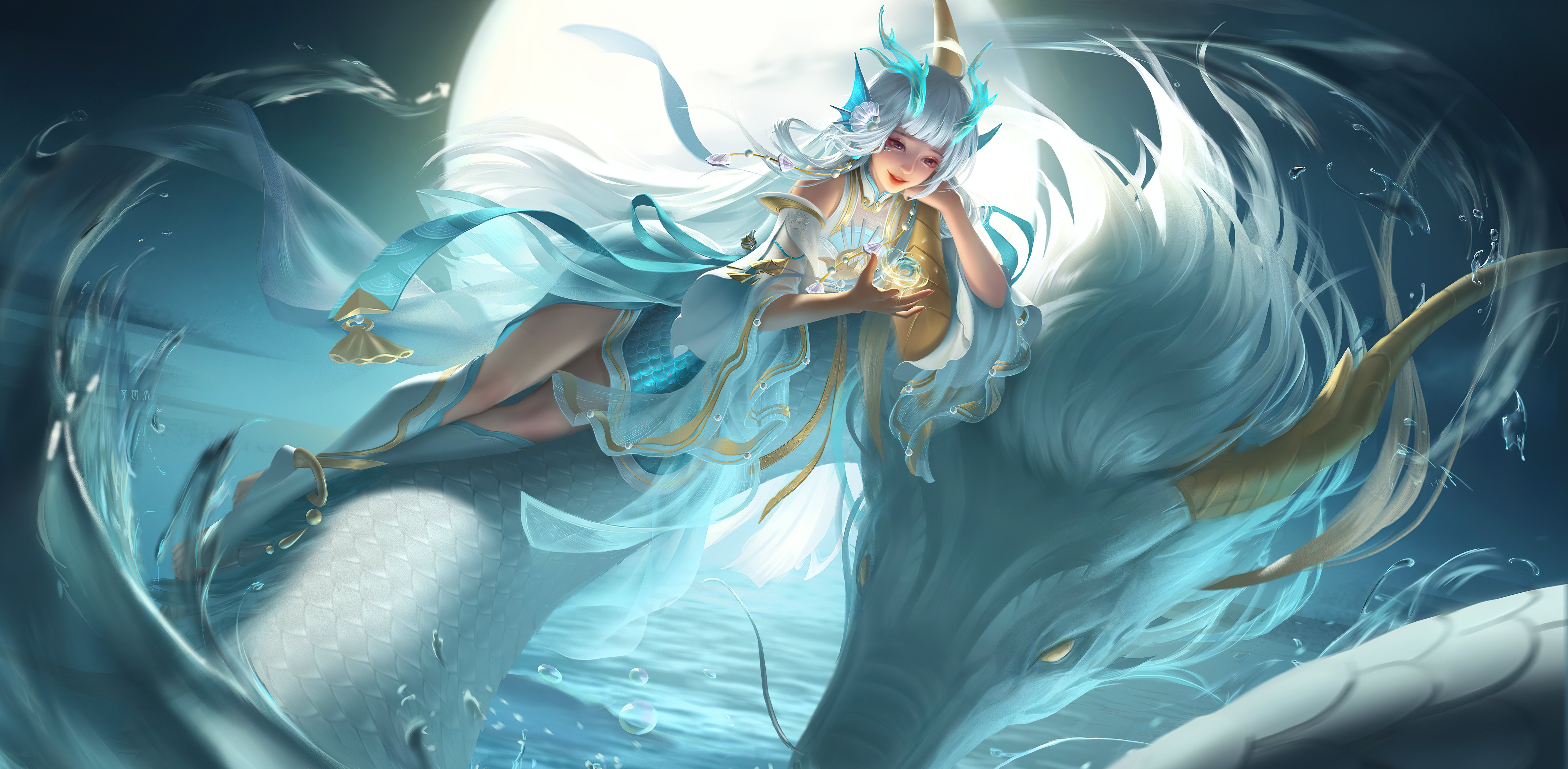 Free download Game CG Characters White Hair King of Glory Water Dragon Animals Moon 4K Wallpaper, Wallpaper(s) website provided.