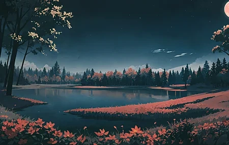 Free download AI art trees nature lake cloud art water moon sky stars flowers grass computer wallpaper 8K wallpaper, Wallpaper(s) website provided.