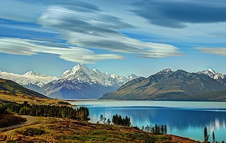 Free download Photography Landscape New Zealand Nature Mountains Snow Sky Water Cloud Tree Road Computer Wallpaper 4K Wallpaper, Wallpaper(s) website provided.