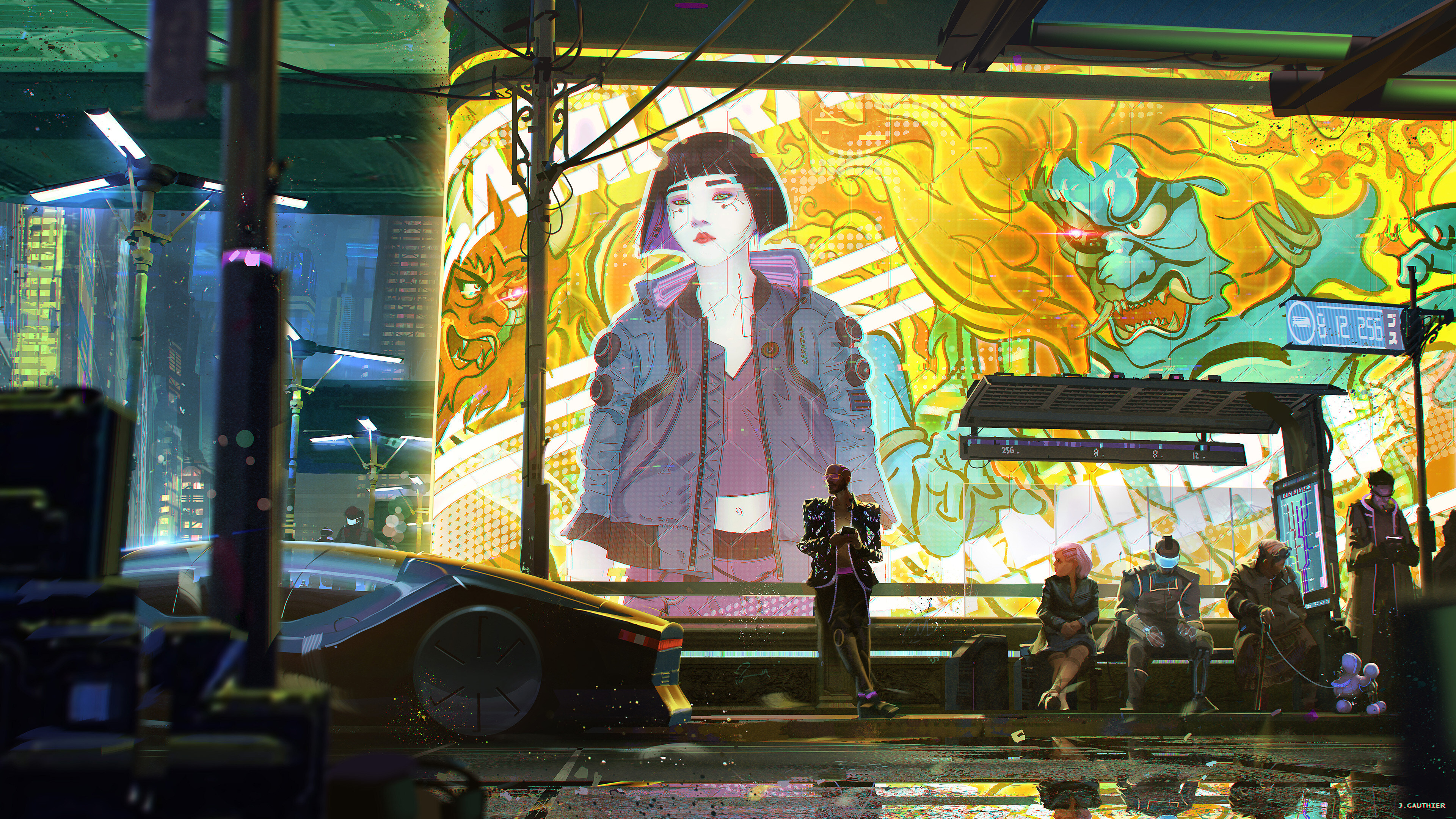 Free download Characters Fiction Green Eyes Short Hair Science Fiction Cyberpunk AI Art Street Cars Bus Station Red Lipstick Brunette Jacket Network 4K Wallpaper, Wallpaper(s) website provided.