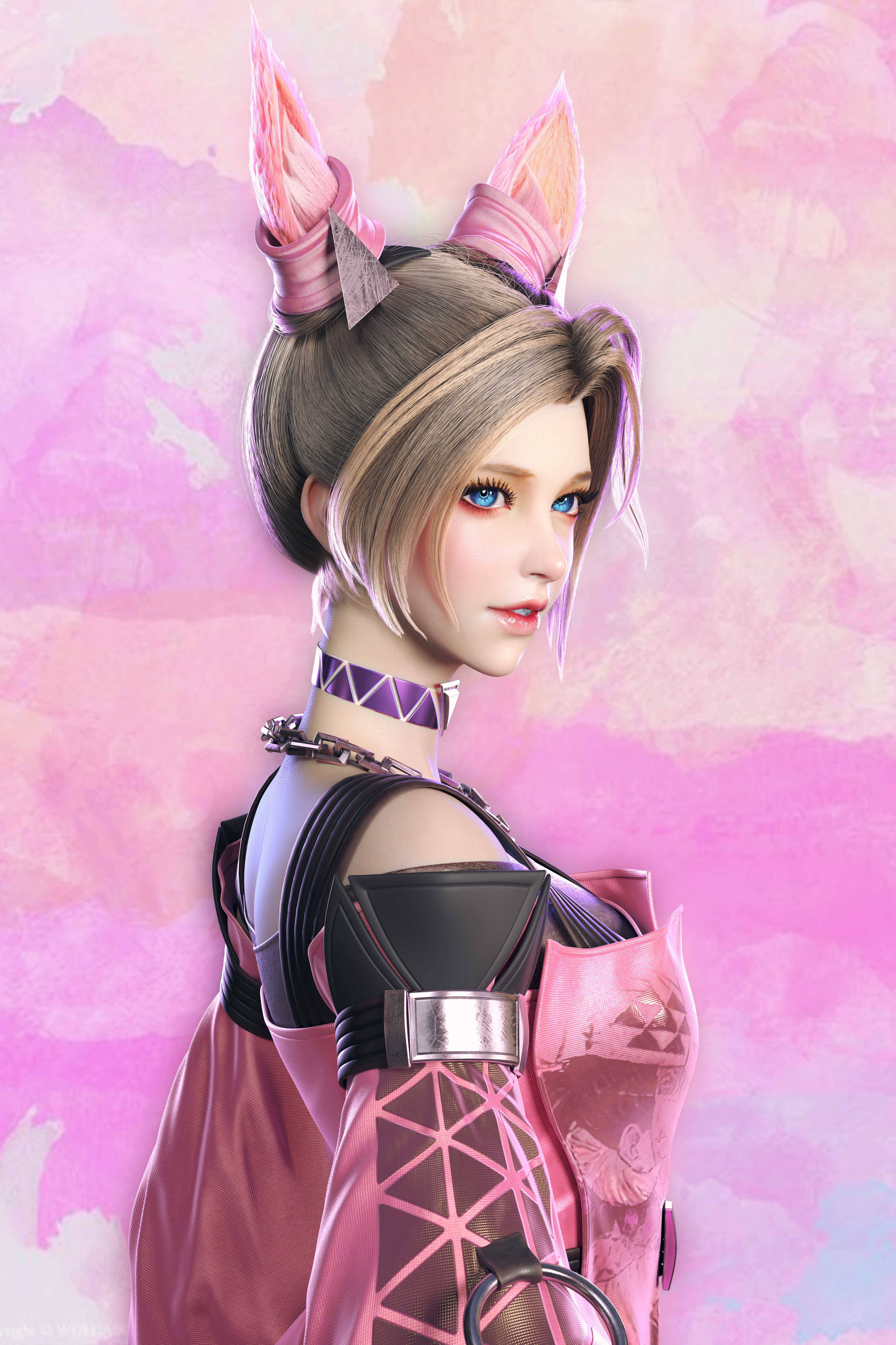Free download Woman Blonde Short Hair Blue Eyes Eyes Look Away Hair Accessories Pink Clothes Necklace Digital Art Mobile Wallpaper 4K Wallpaper, Wallpaper(s) website provided.