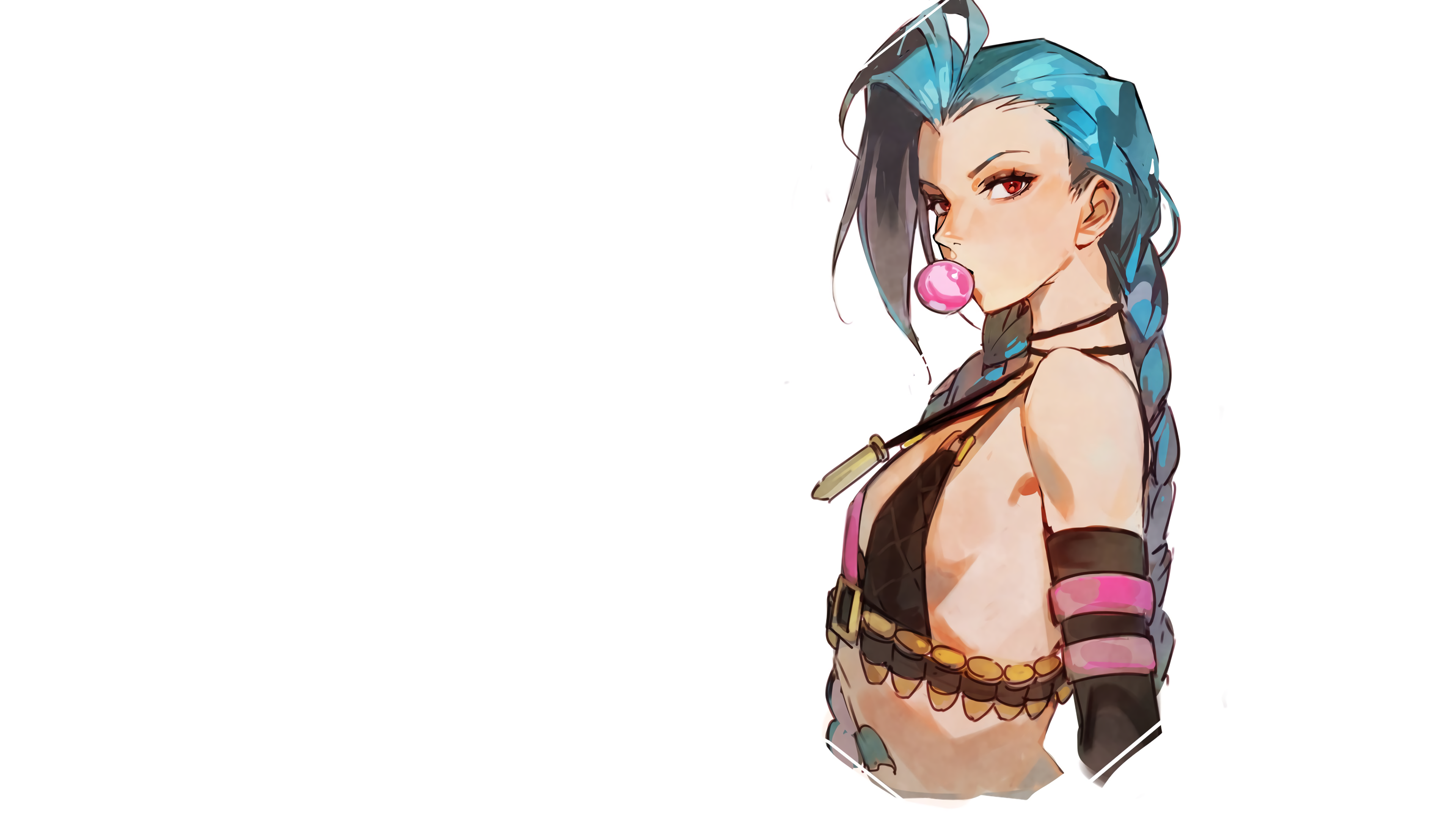 Free download Gold League of Legends Red Eyes Blue Hair White Background 4K Wallpaper, Wallpaper(s) website provided.
