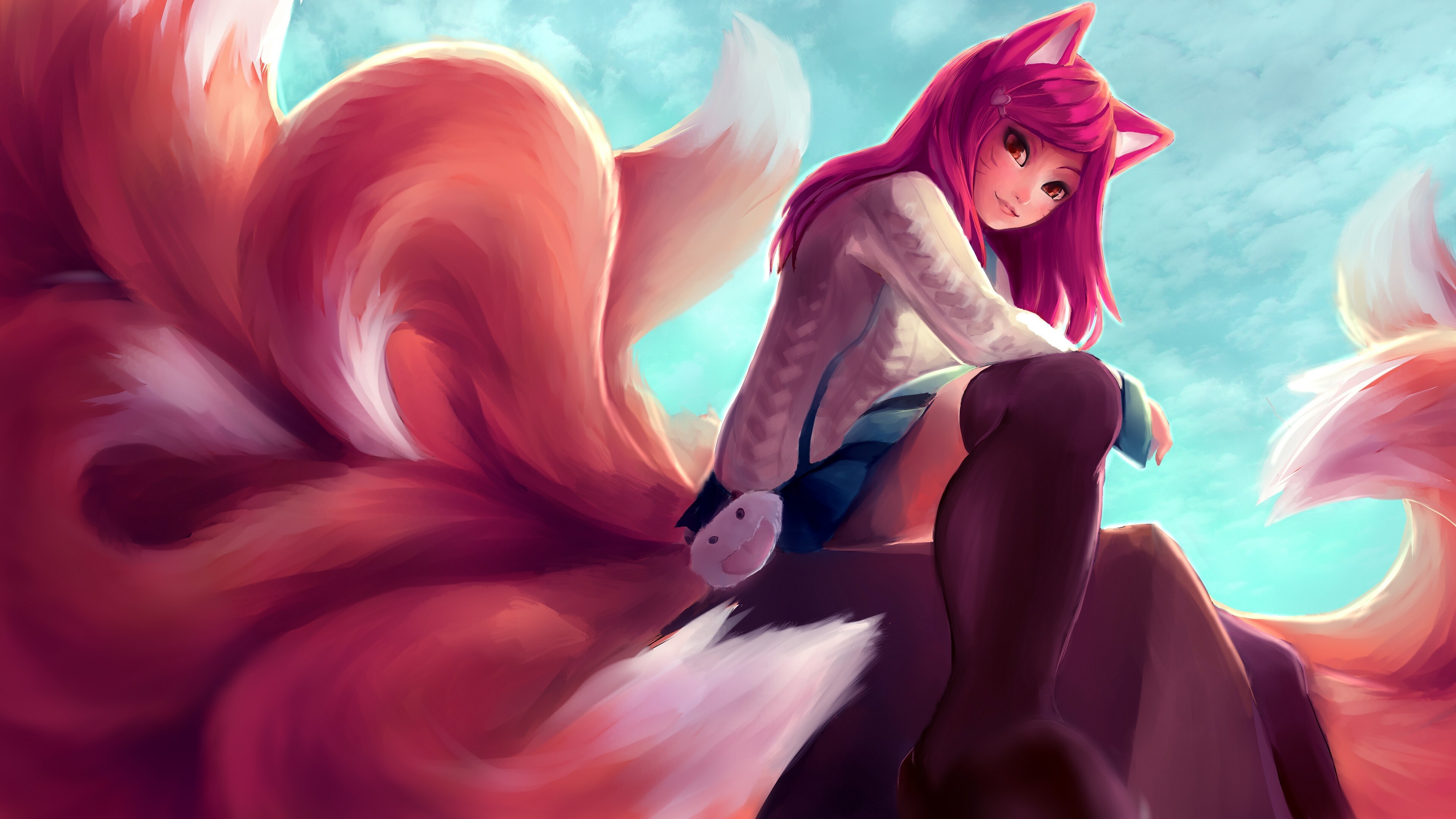 Free download League of Legends Long Hair Cat Girl Anime Girl Buddha Tail Beast Ear Nine Tail Magic Game 4K Wallpaper, Wallpaper(s) website provided.