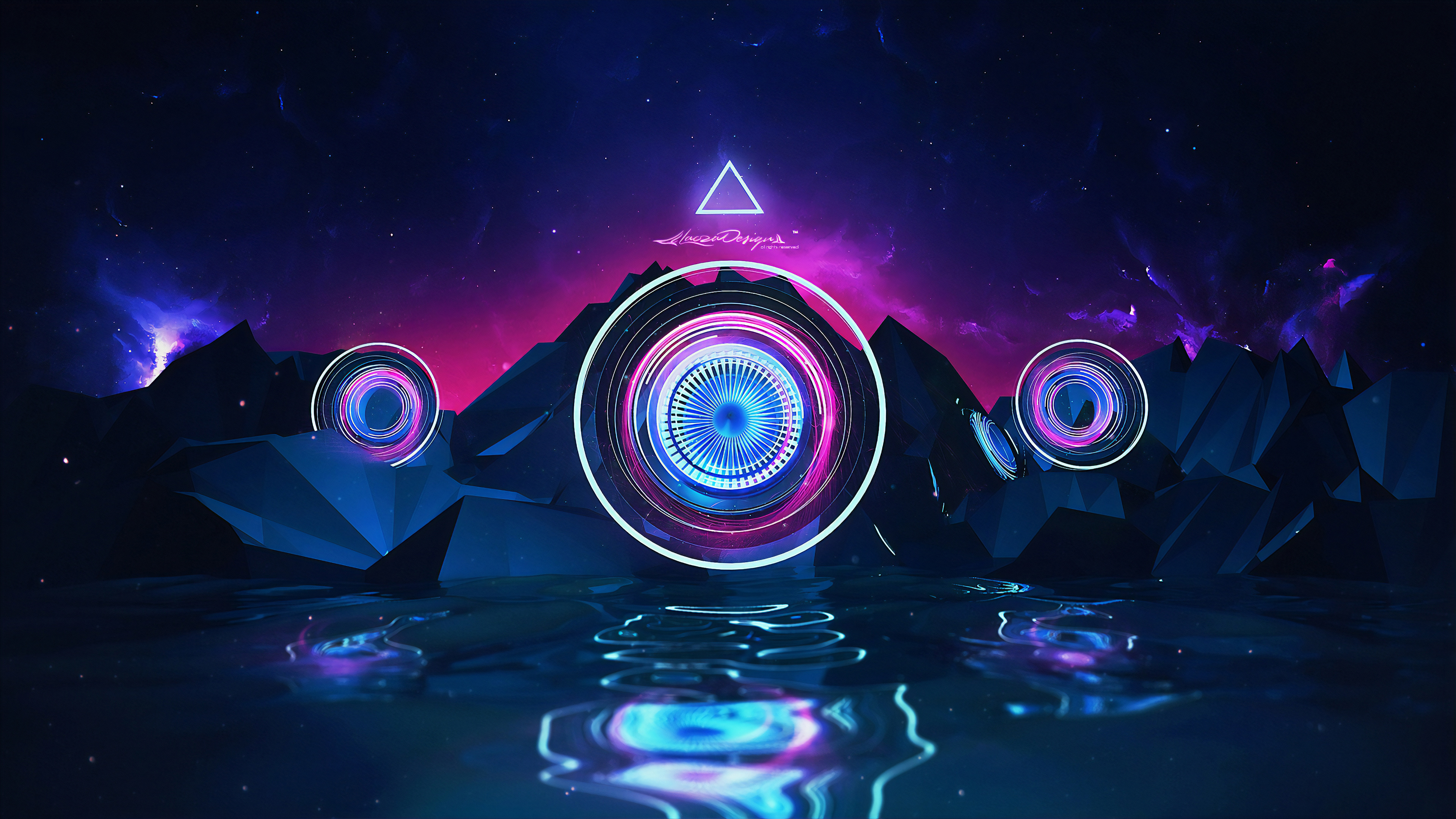 Free download AI Art Fantasy Art Abstract Neon Lights Futuristic Geometric Graphics Geometry Space Universe Space Art Landscape Colorful Glowing Water Sea Reflection Surreal Dark Dusk 4K Wallpaper, Wallpaper(s) website provided.